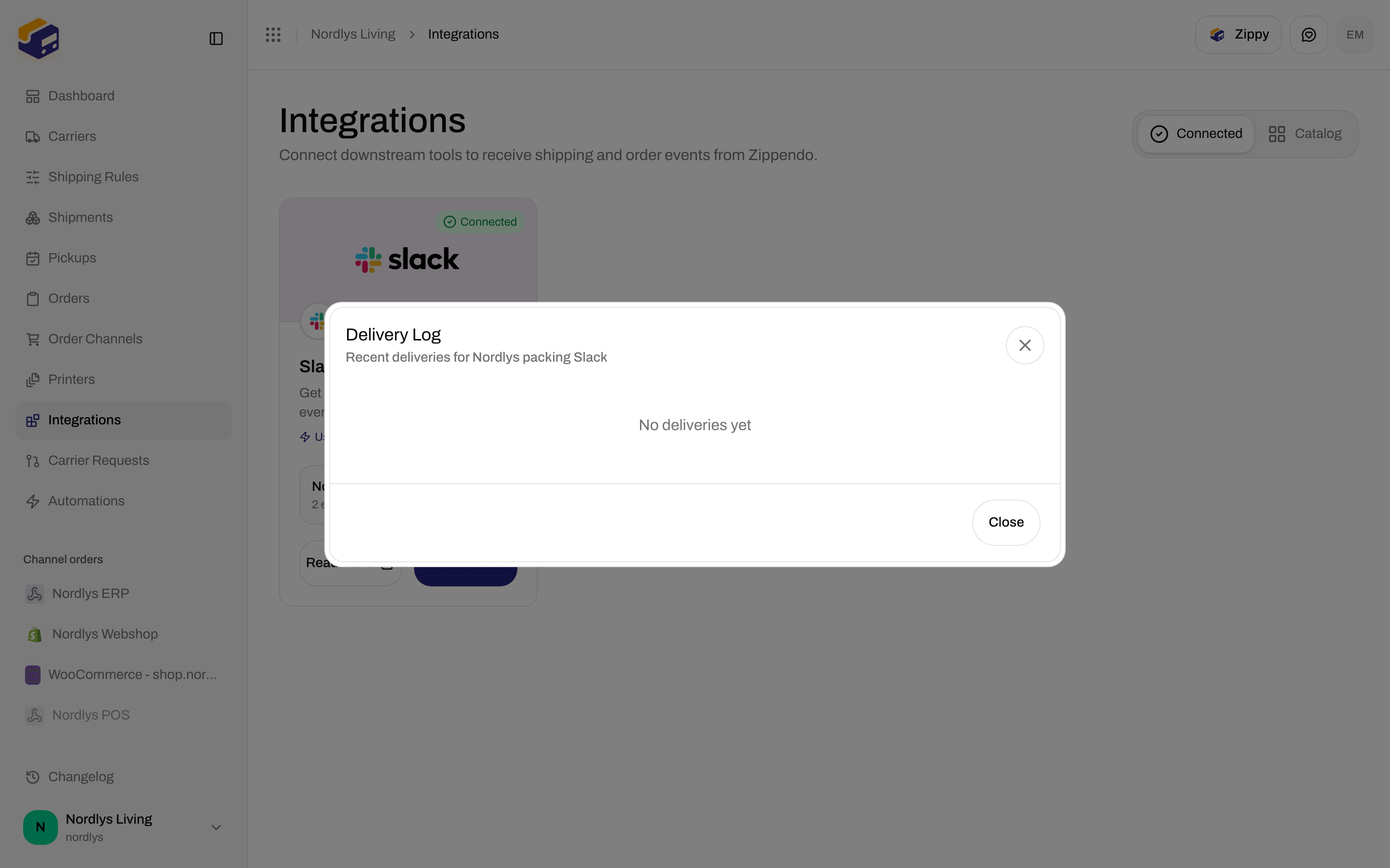 Delivery Log modal showing No deliveries yet for a Slack connection
