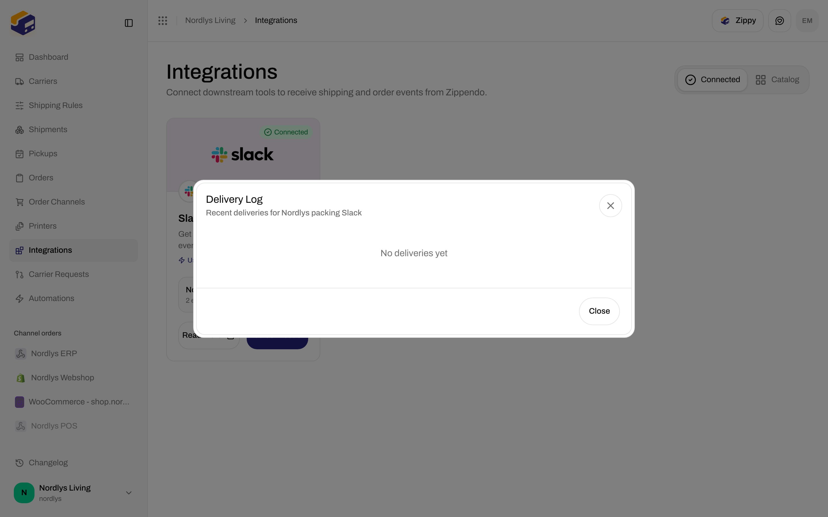Delivery Log modal showing No deliveries yet for a Slack connection