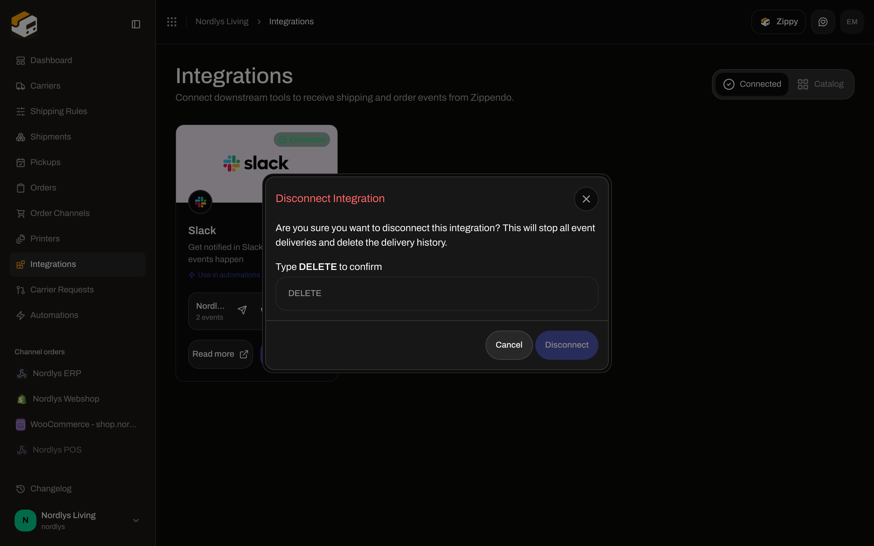 Disconnect Integration confirmation requiring DELETE