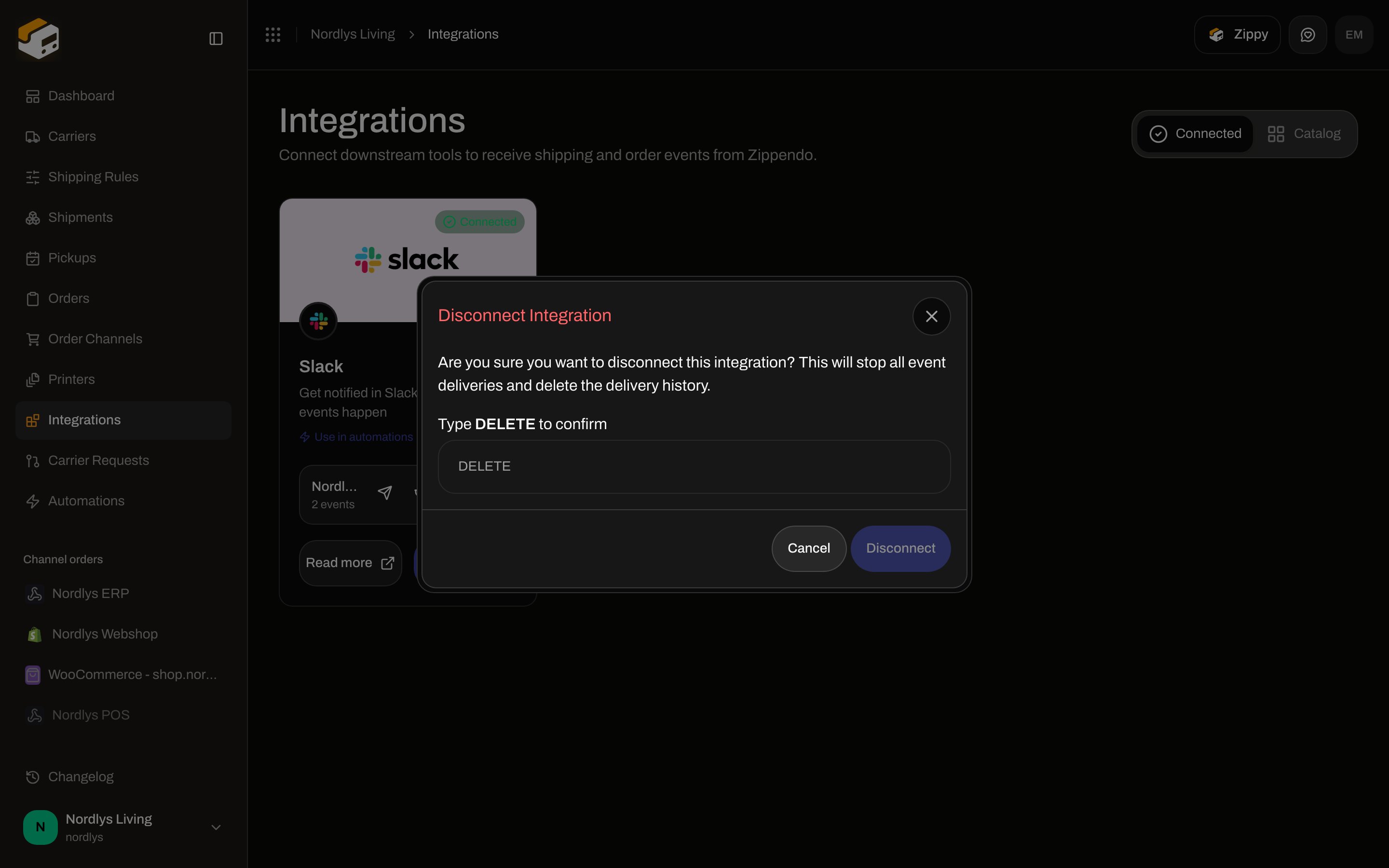 Disconnect Integration confirmation requiring DELETE