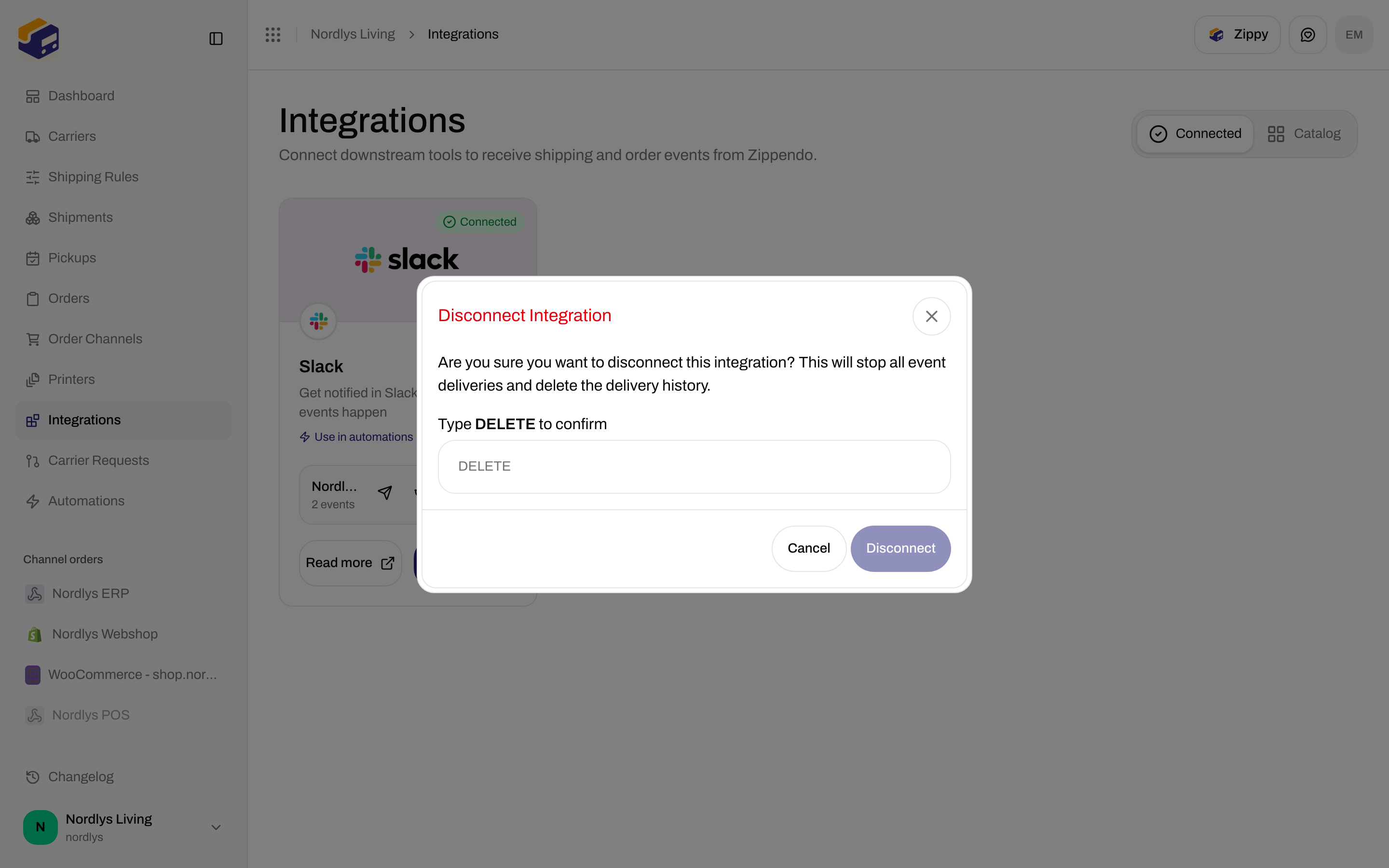 Disconnect Integration confirmation requiring DELETE