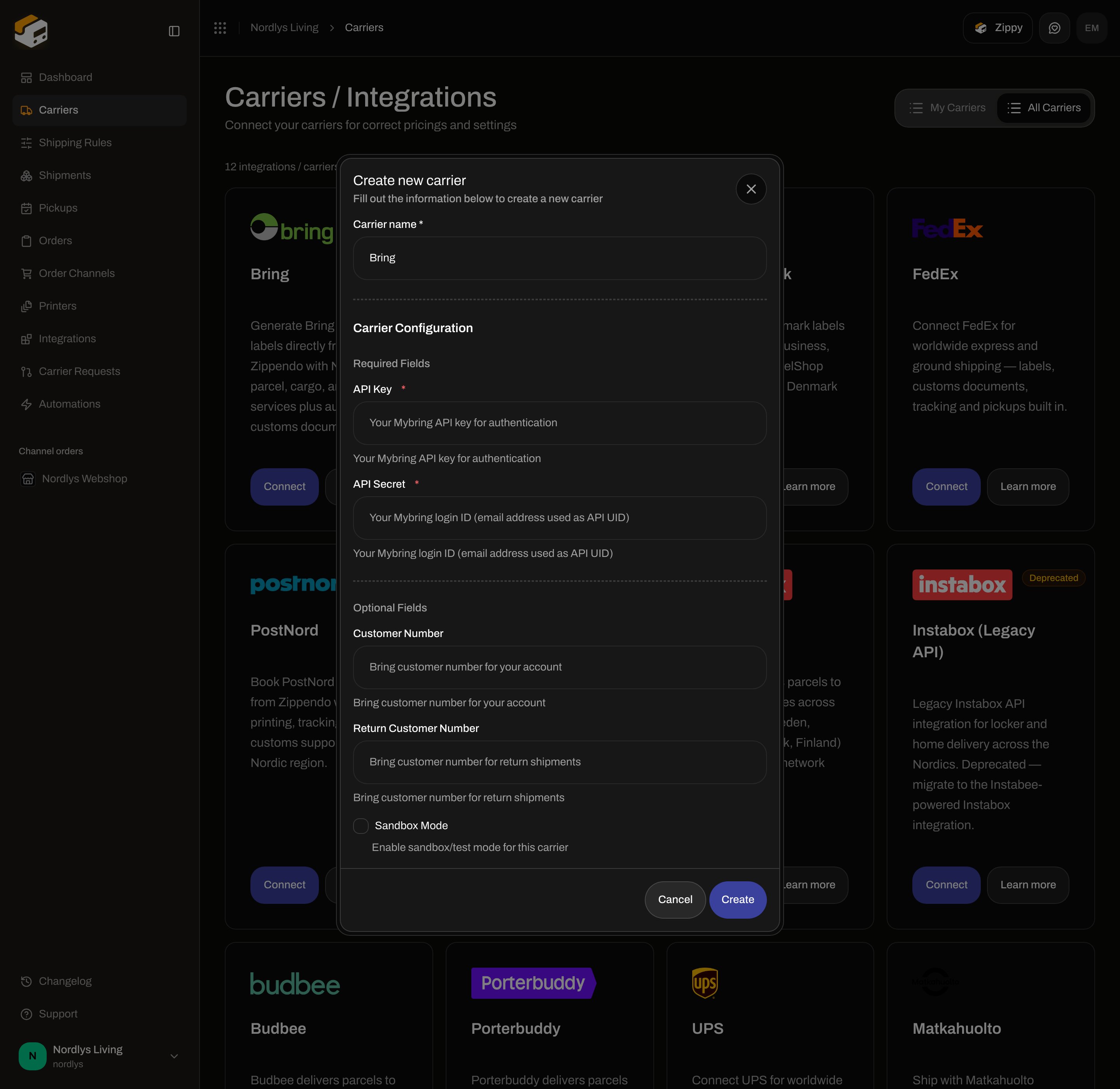 Bring connect form scrolled to Optional Fields with Customer Number, Return Customer Number, and Sandbox Mode