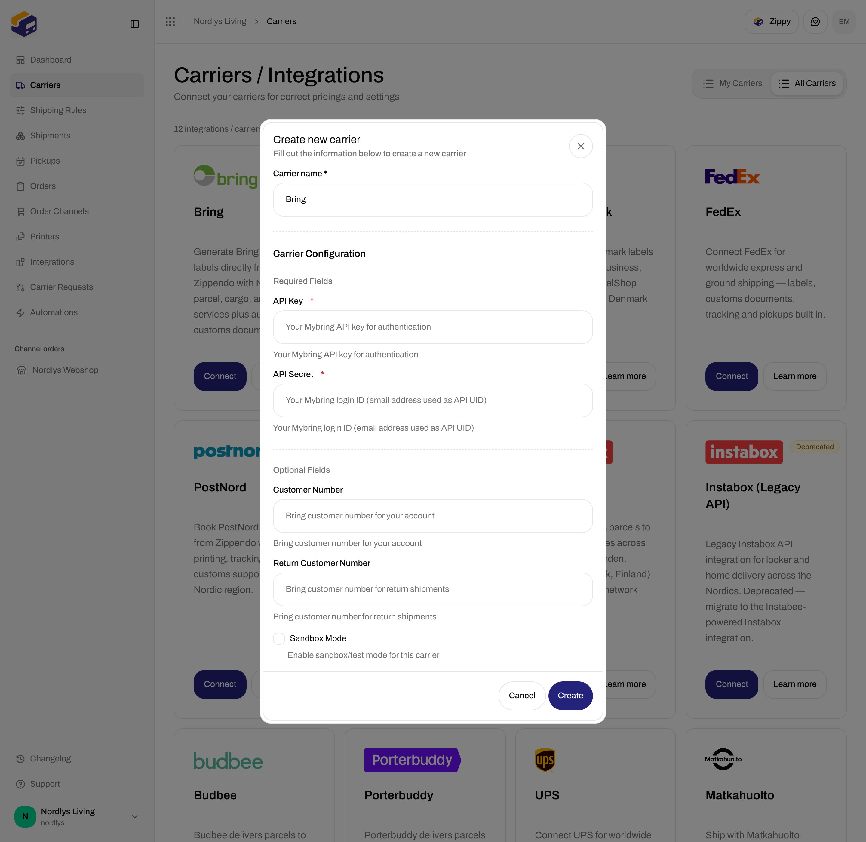 Bring connect form scrolled to Optional Fields with Customer Number, Return Customer Number, and Sandbox Mode