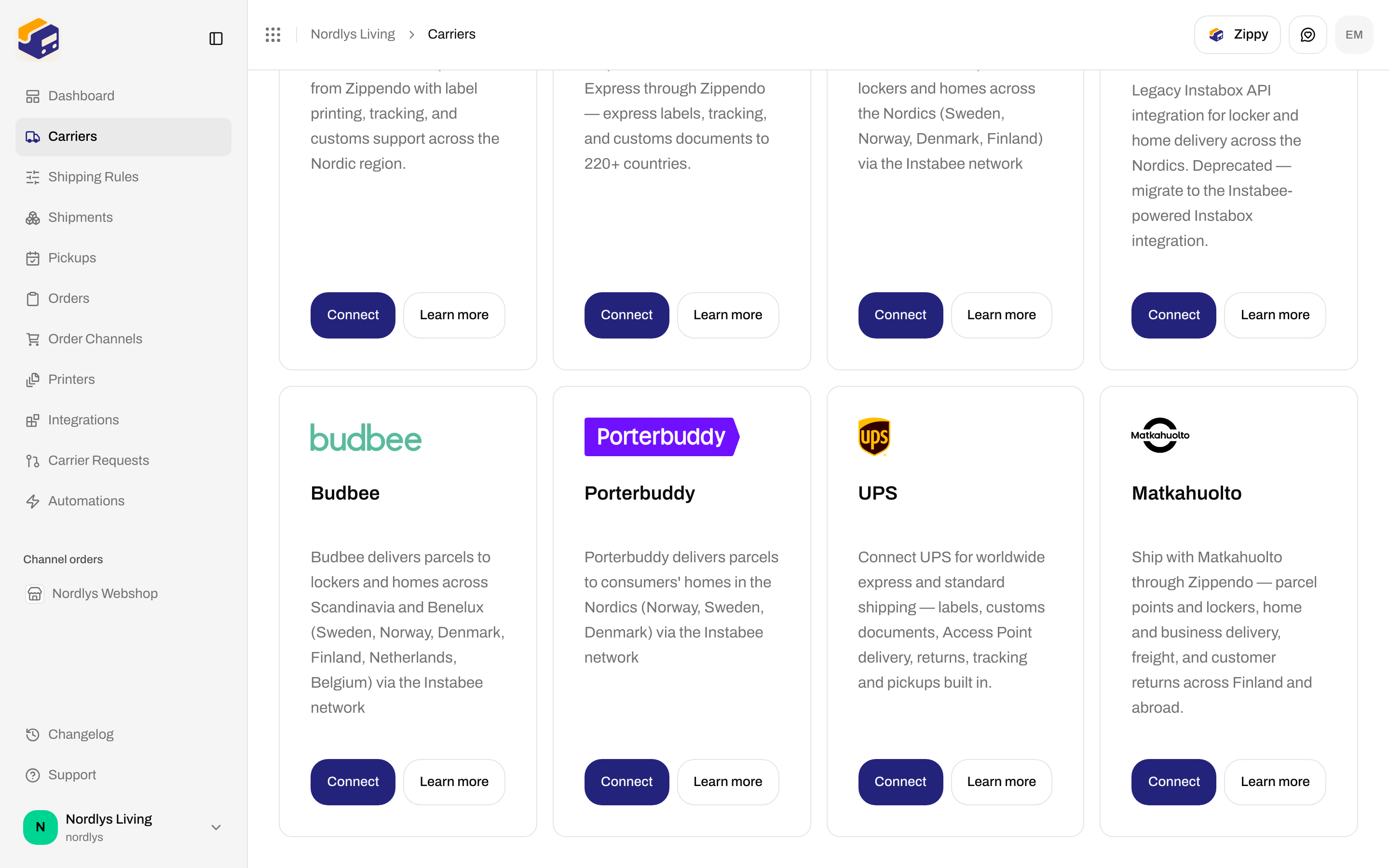 All Carriers grid with the Budbee card, Connect, and Learn more