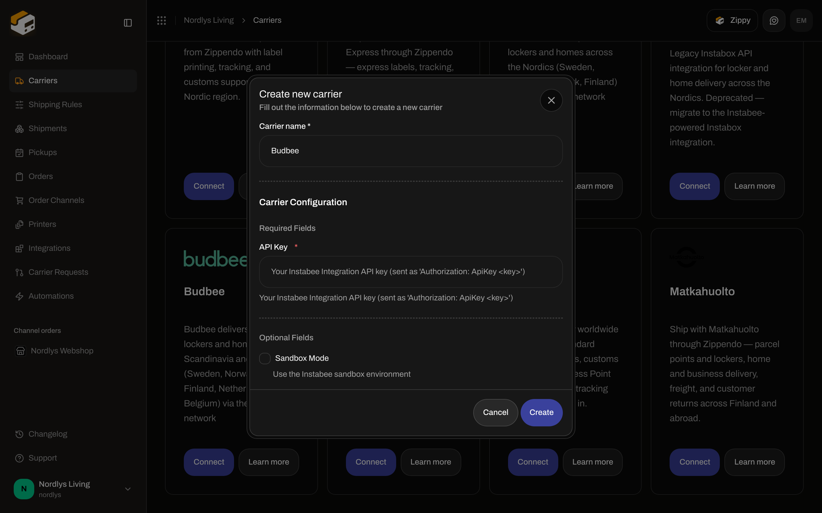 Create new carrier dialog for Budbee with required API Key and optional Sandbox Mode