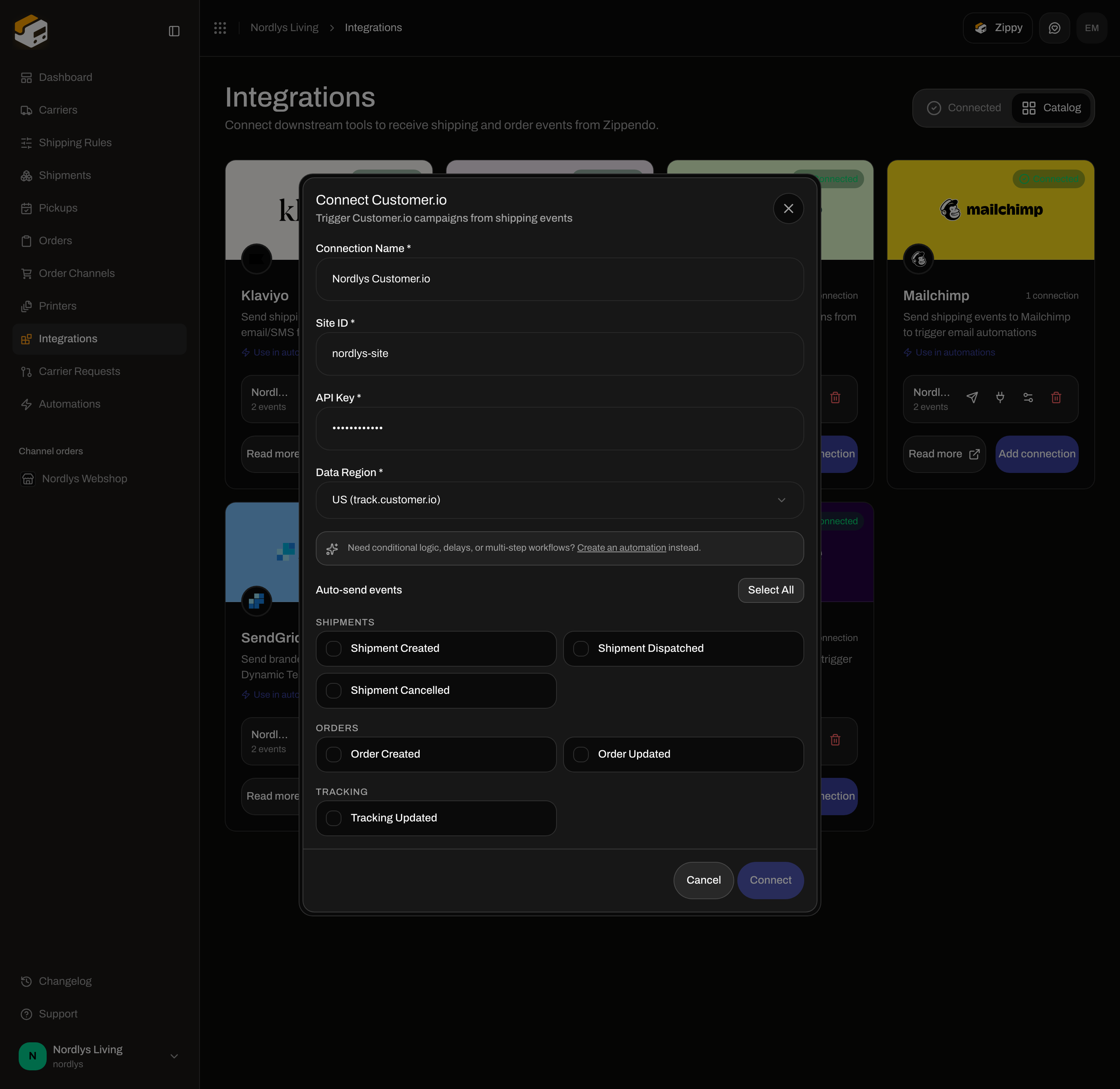 Connect Customer.io dialog with Connection Name, Site ID, API Key, Data Region, and event checkboxes