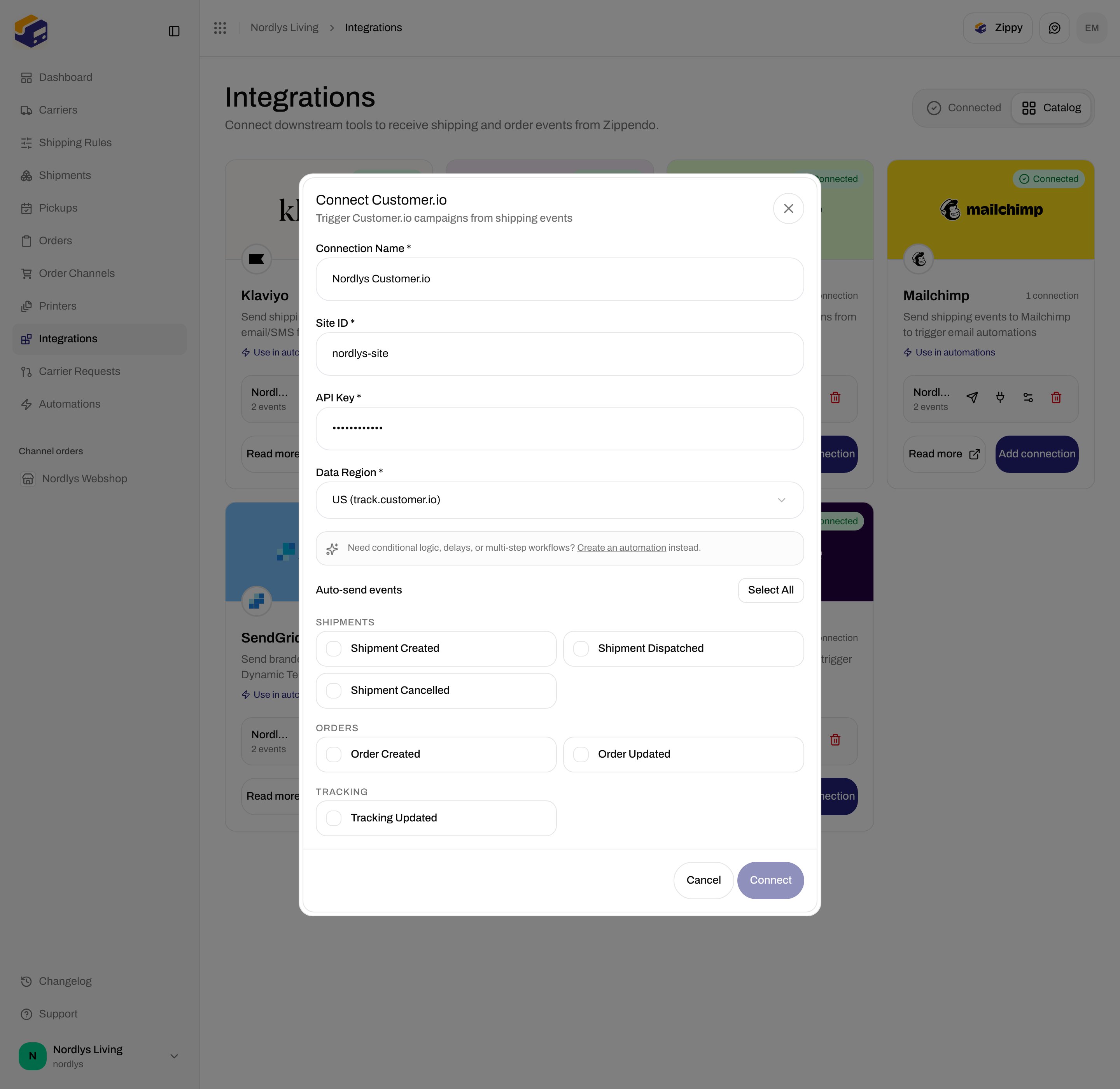 Connect Customer.io dialog with Connection Name, Site ID, API Key, Data Region, and event checkboxes