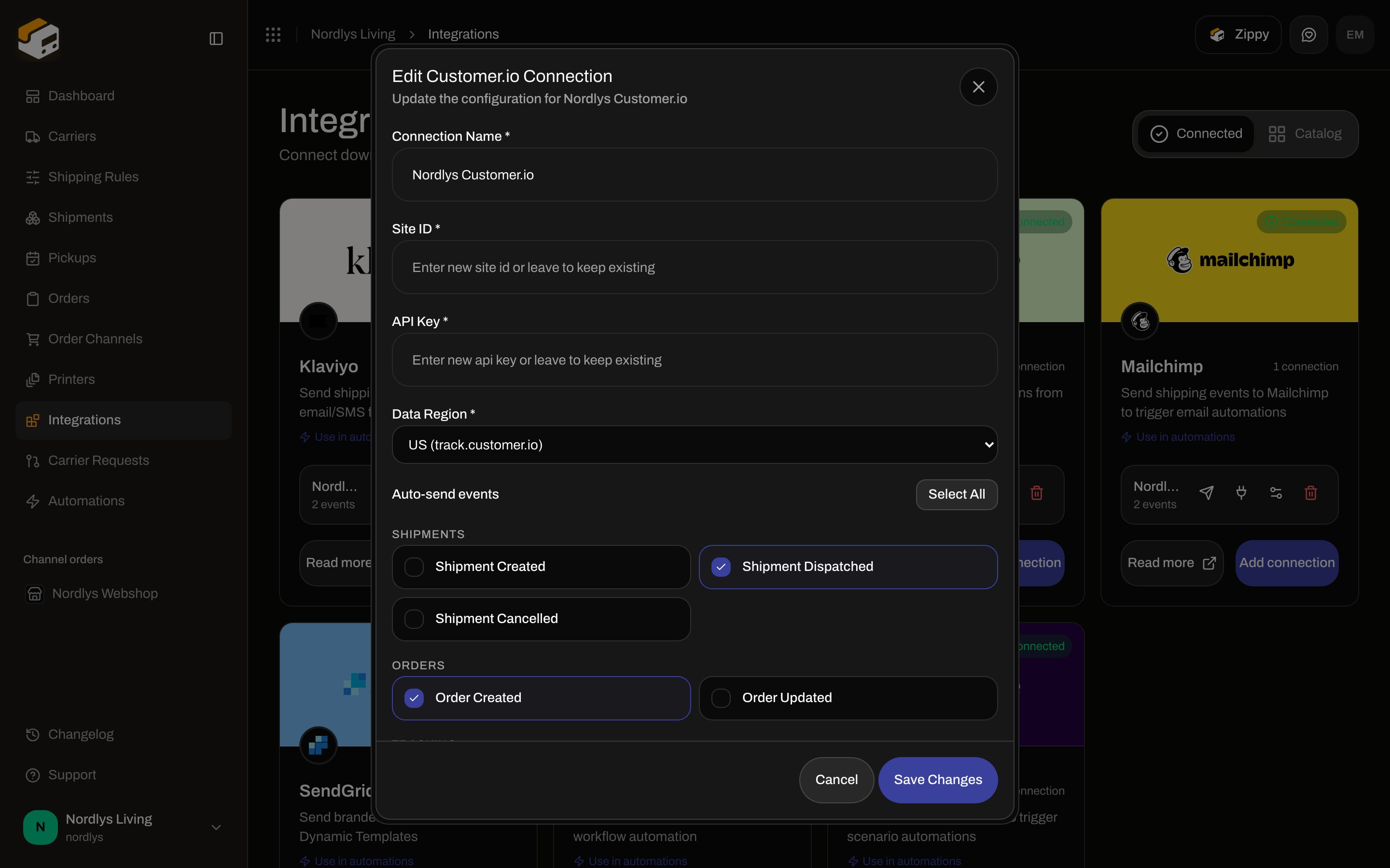 Edit Customer.io Connection dialog with Connection Name, Site ID, API Key, Data Region, and Auto-send events