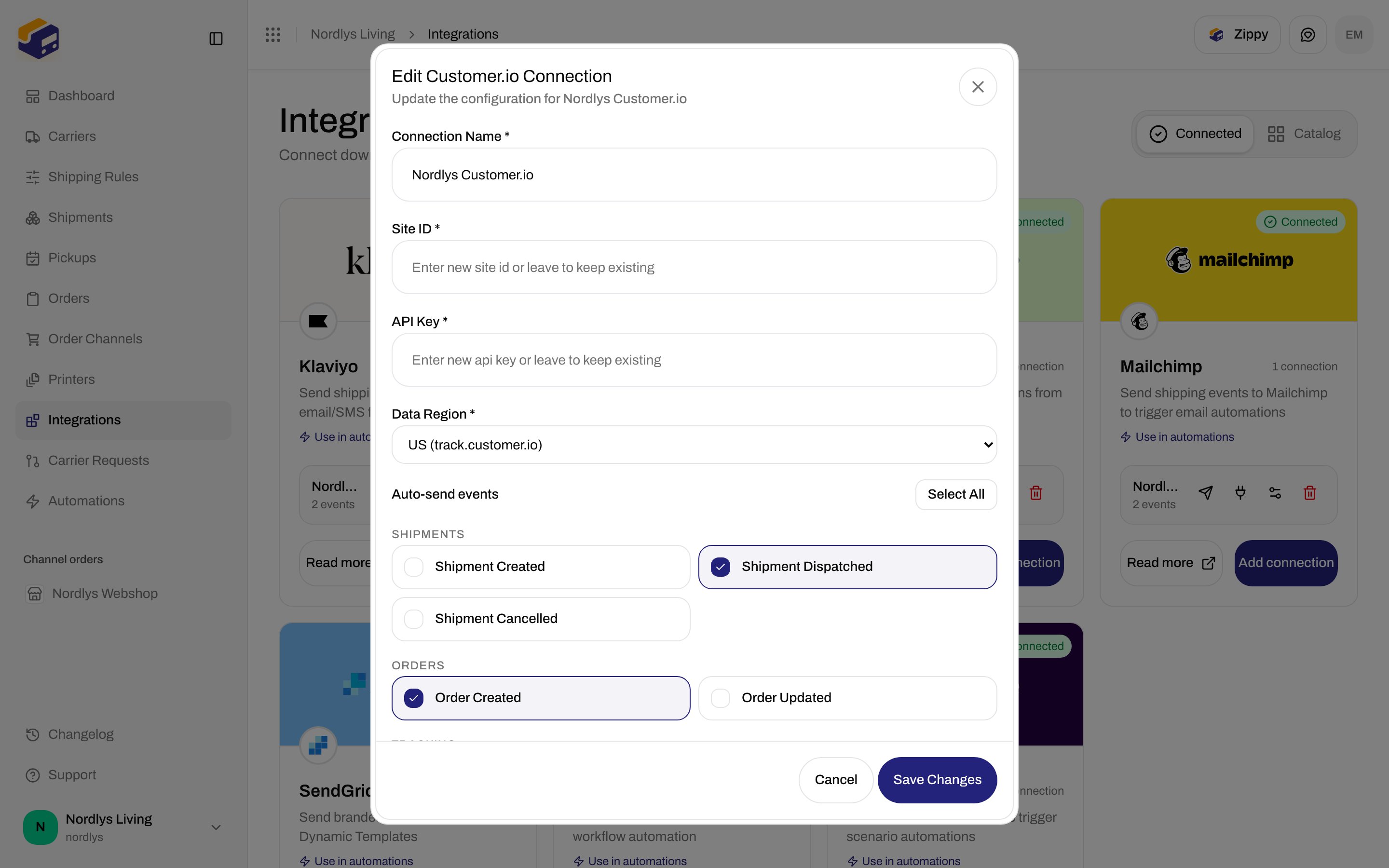 Edit Customer.io Connection dialog with Connection Name, Site ID, API Key, Data Region, and Auto-send events