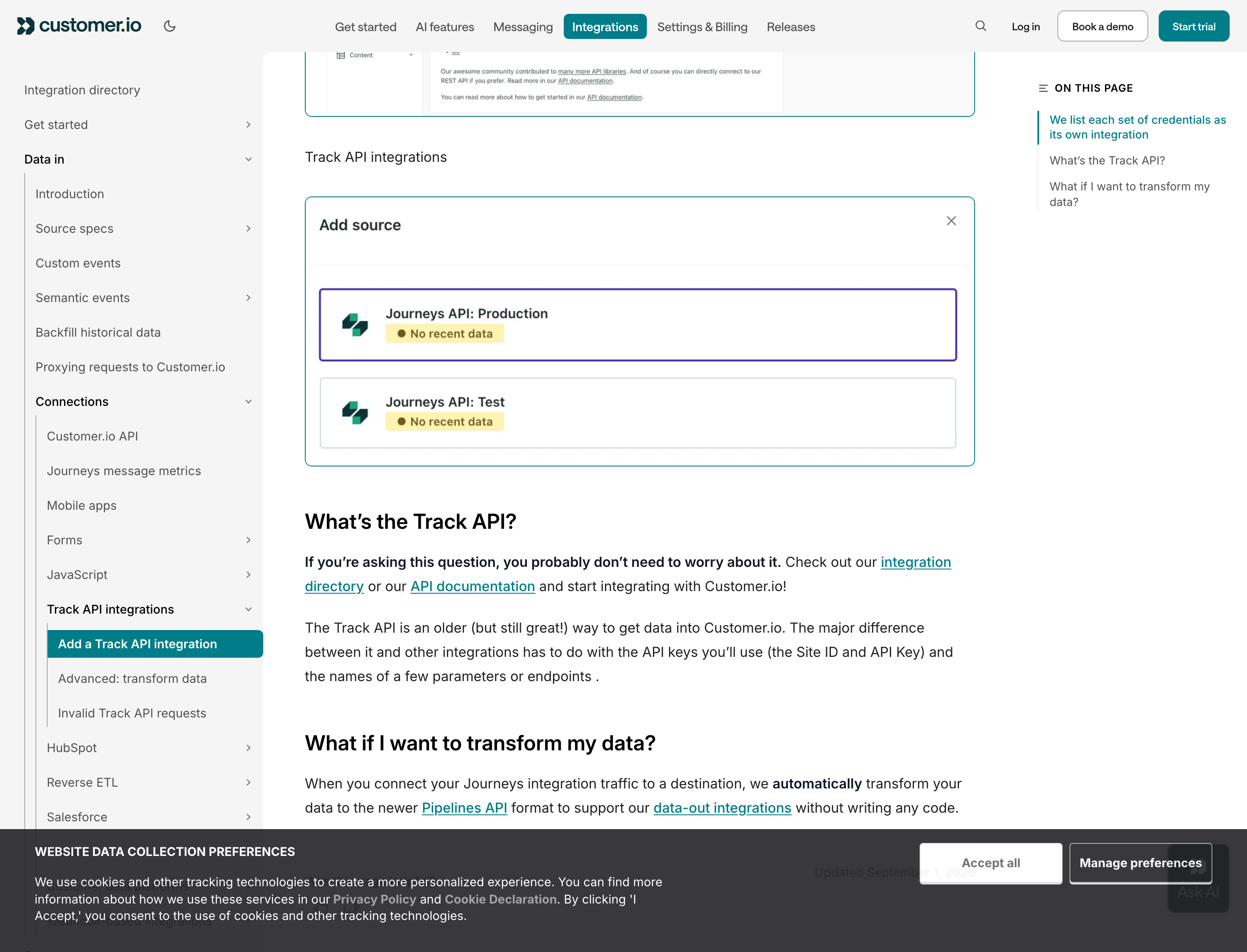 Customer.io Track API integrations docs explaining Site ID and API Key