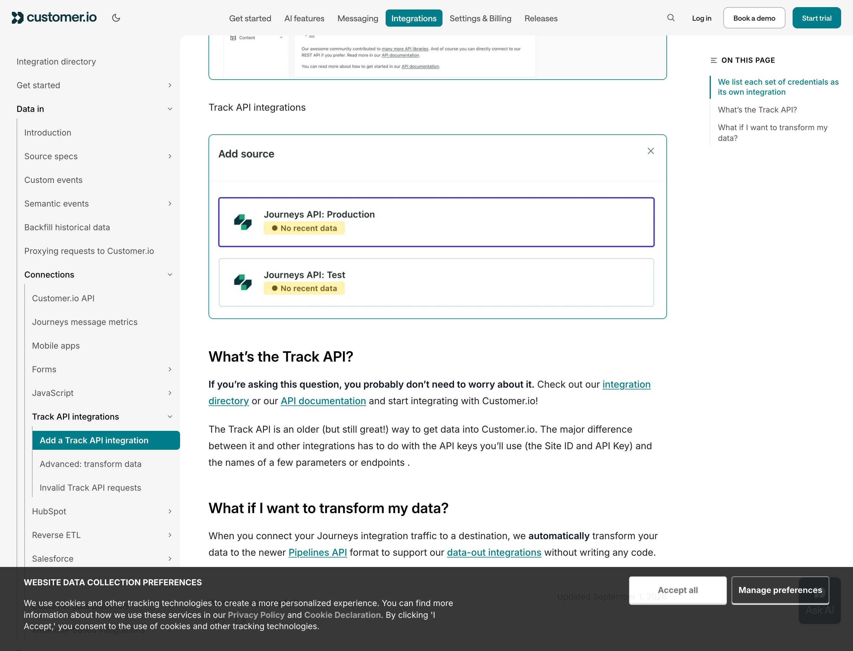 Customer.io Track API integrations docs explaining Site ID and API Key