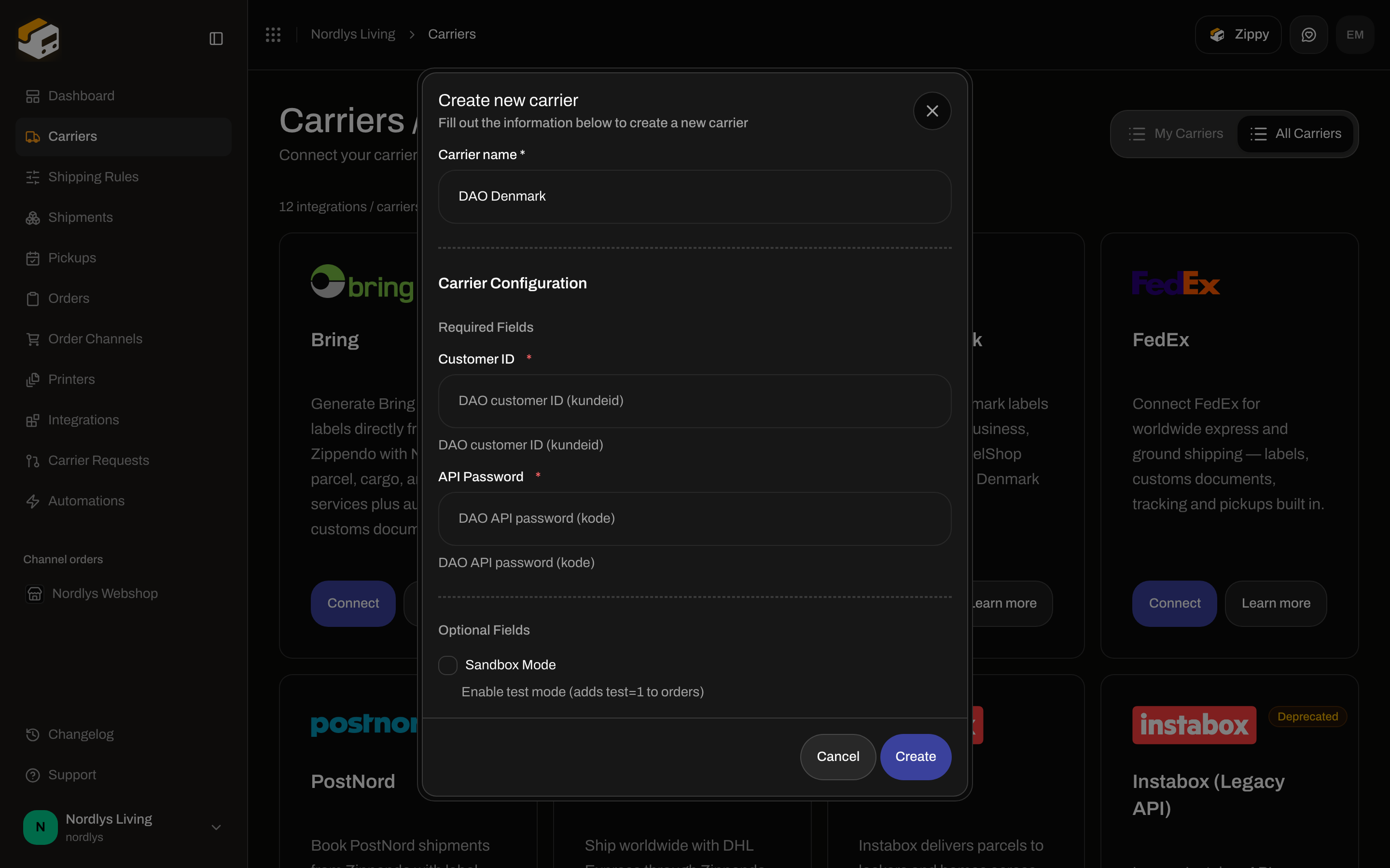 Create new carrier dialog for DAO Denmark with required Customer ID and API Password