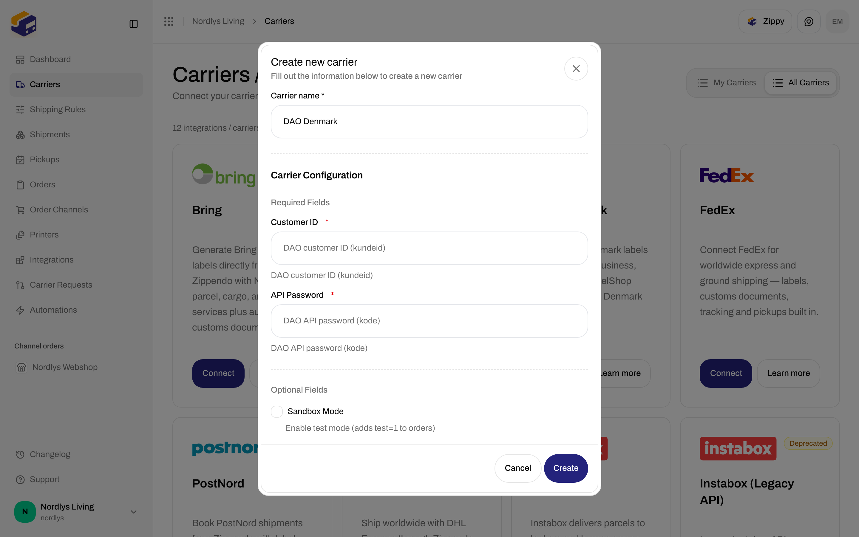 Create new carrier dialog for DAO Denmark with required Customer ID and API Password