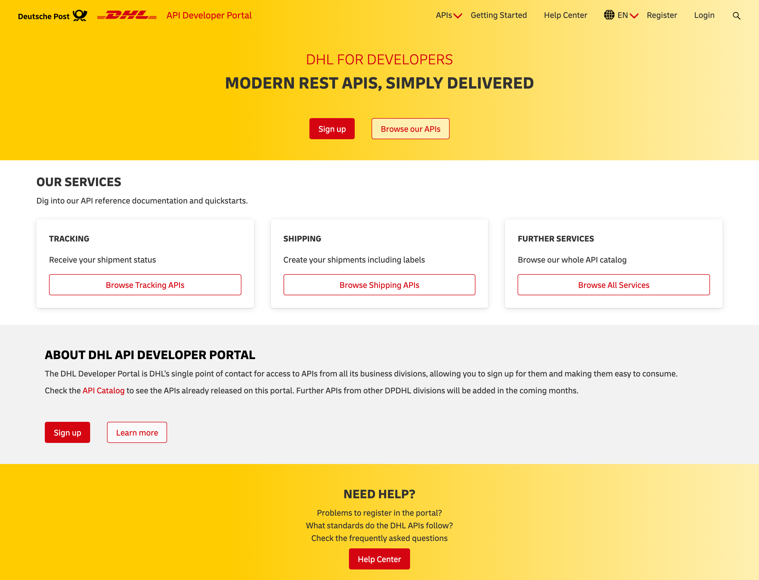 DHL API Developer Portal home with Sign up, Browse our APIs, and Tracking Shipping Further Services cards