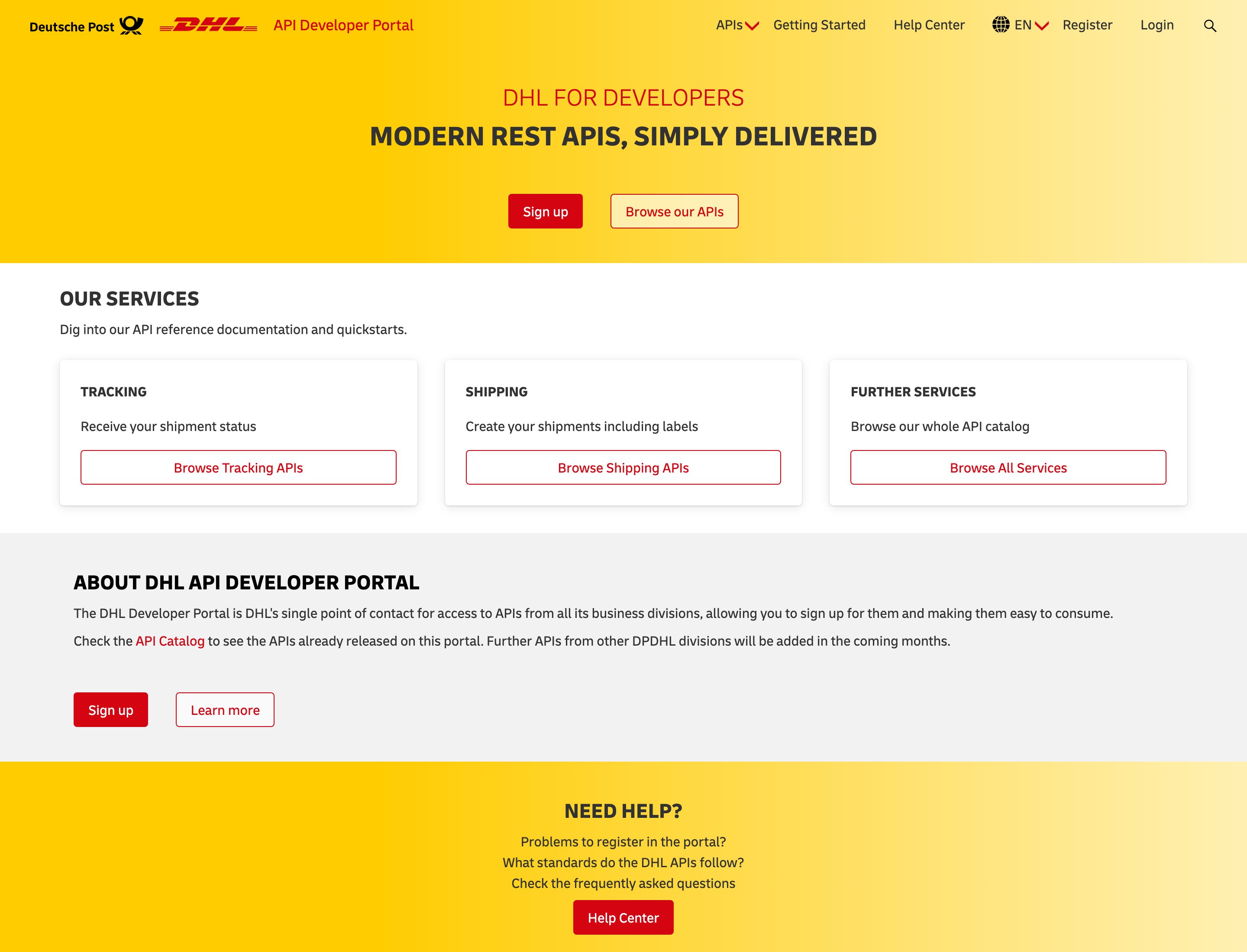 DHL API Developer Portal home with Sign up, Browse our APIs, and Tracking Shipping Further Services cards