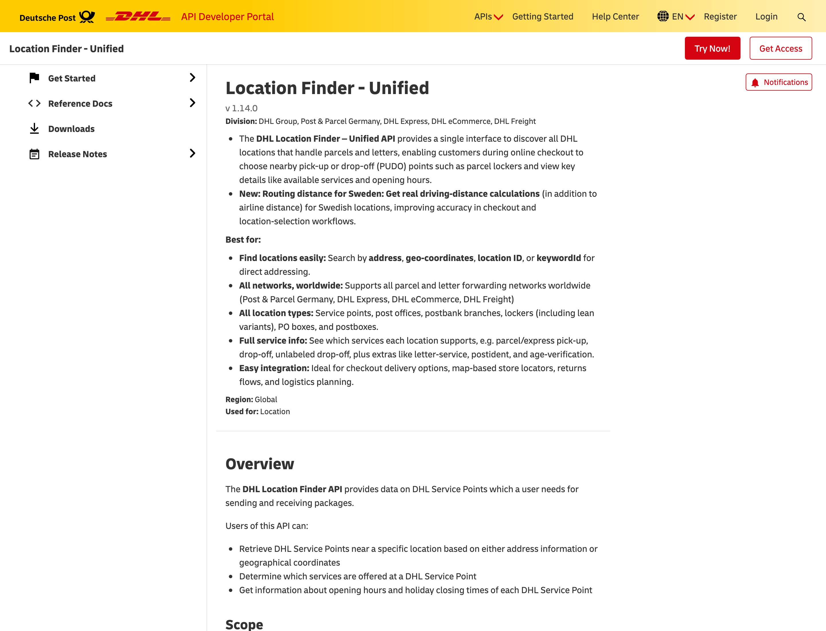 DHL Location Finder Unified API product page with Get Access and Try Now