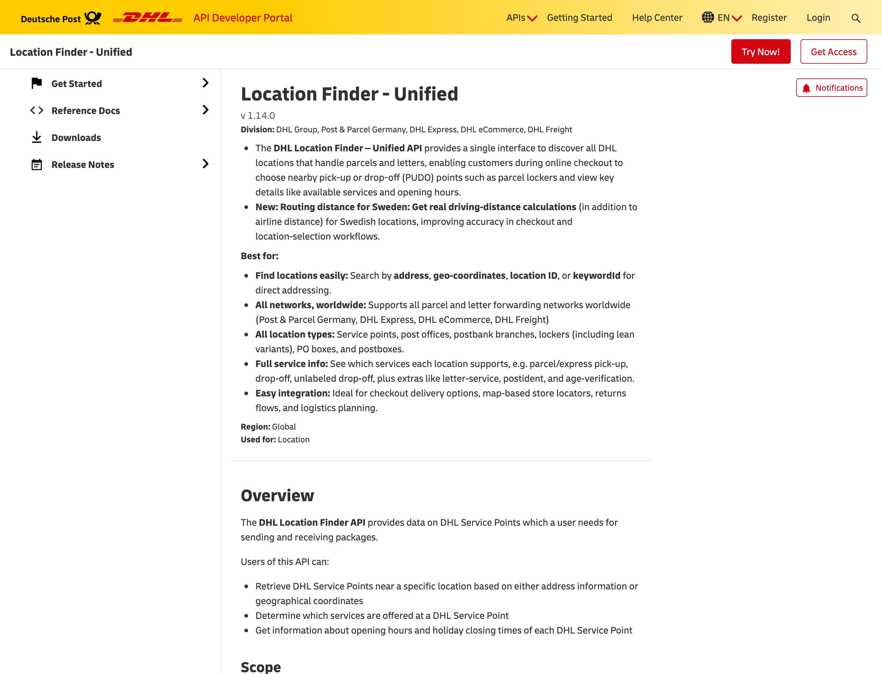 DHL Location Finder Unified API product page with Get Access and Try Now