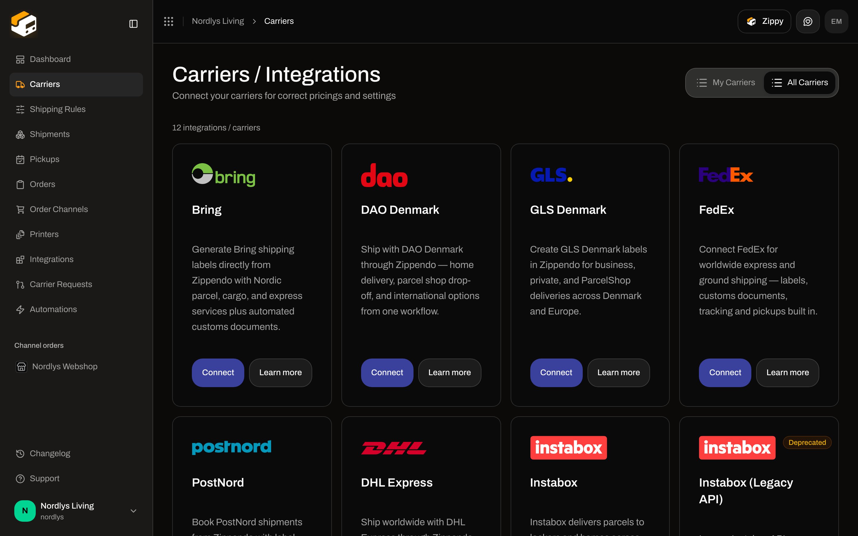 All Carriers grid with the FedEx card, Connect, and Learn more