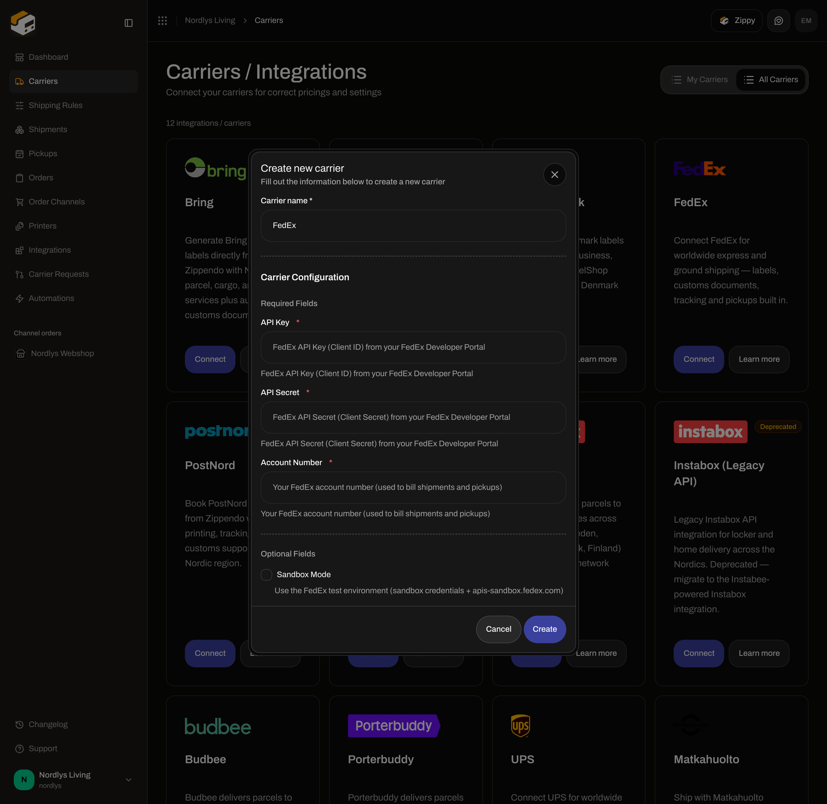 Create new carrier dialog for FedEx with required API Key, API Secret, and Account Number