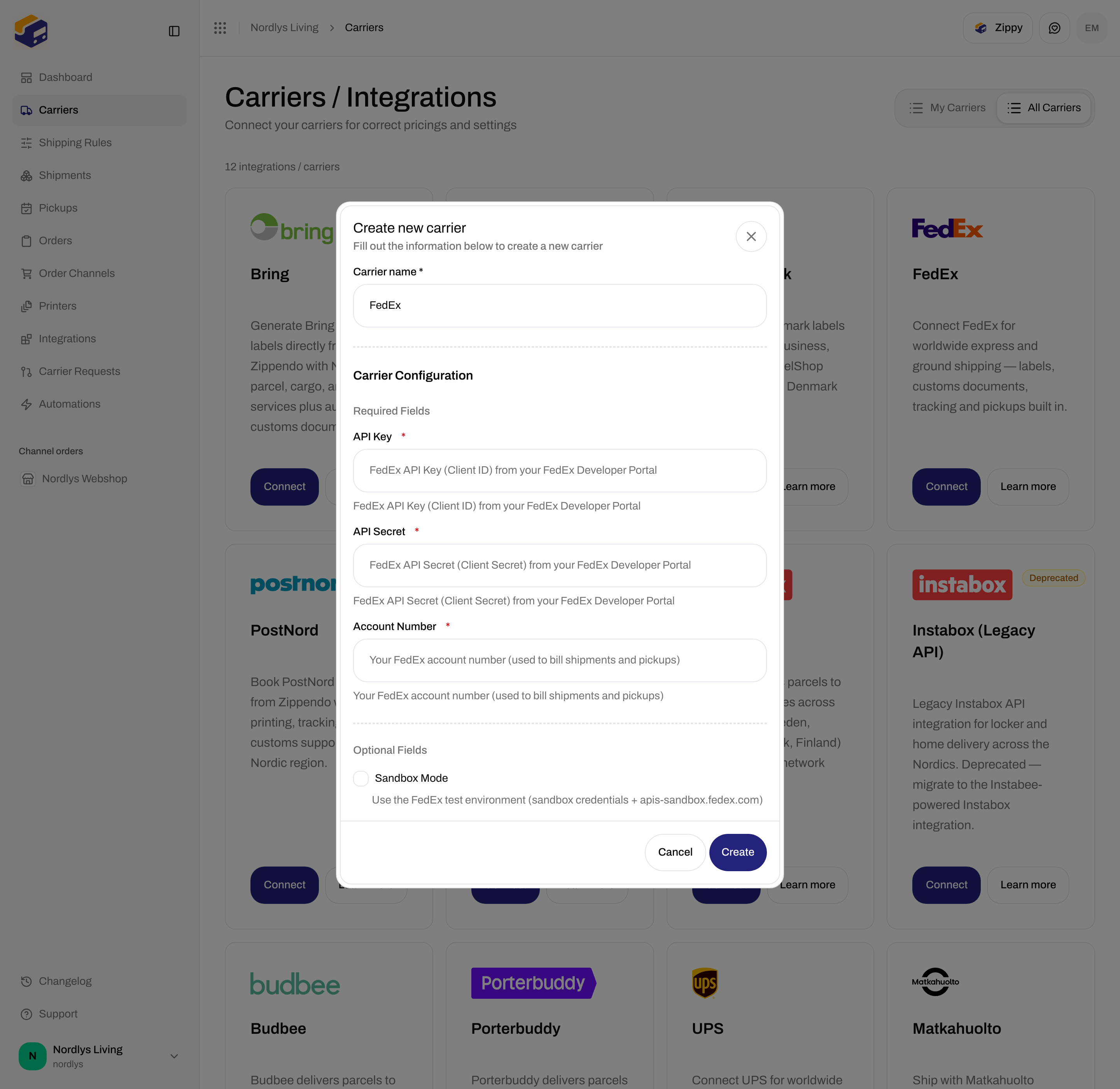 Create new carrier dialog for FedEx with required API Key, API Secret, and Account Number