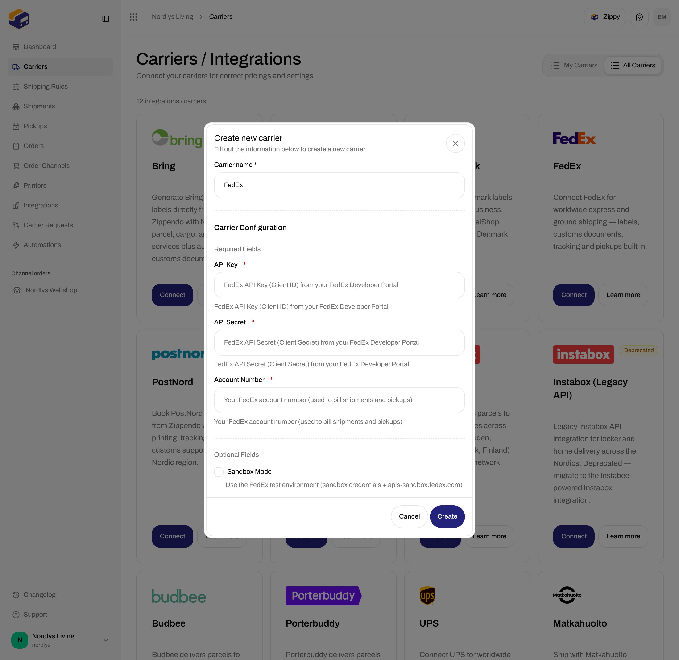 FedEx connect form scrolled to Optional Fields and the Sandbox Mode checkbox