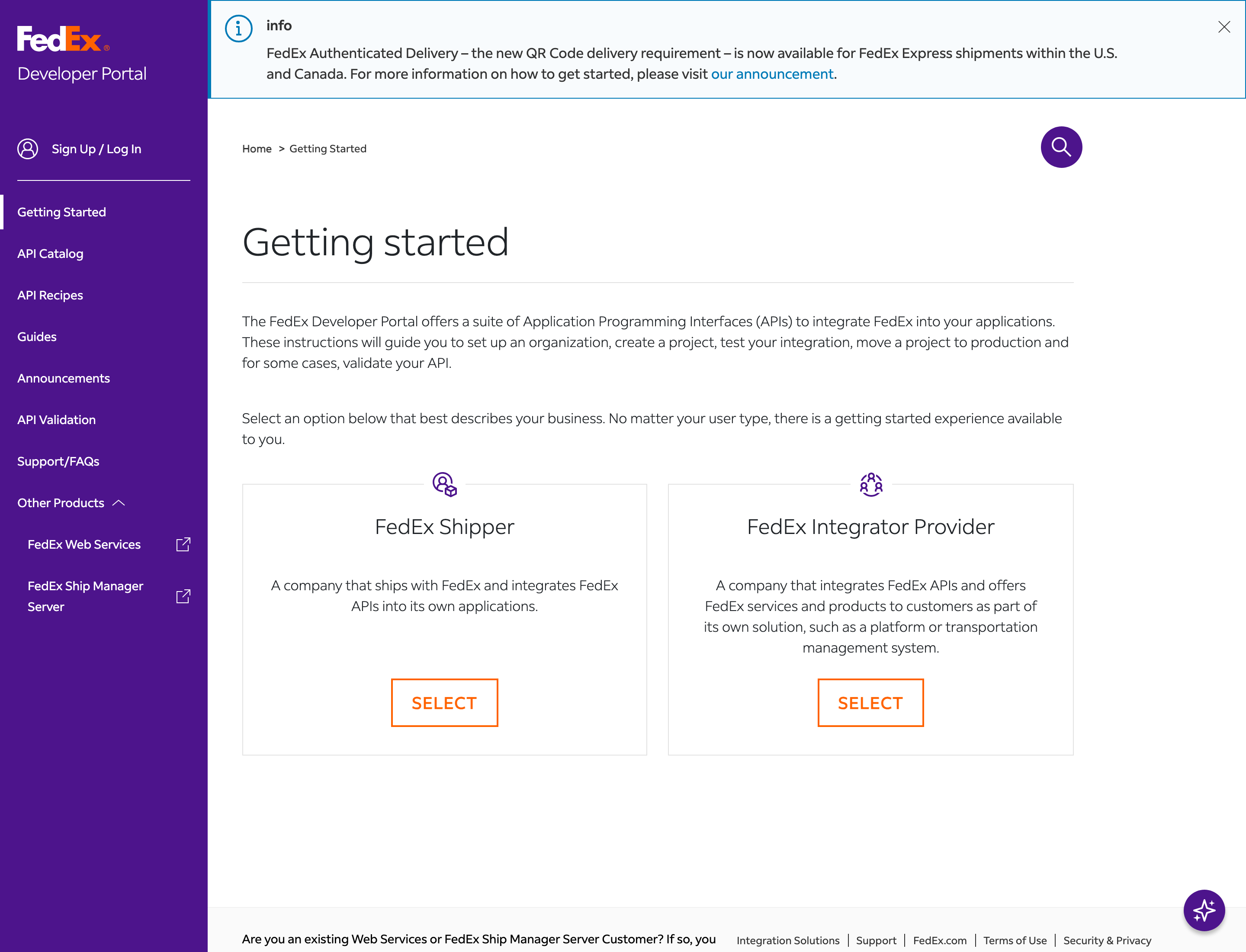 FedEx Developer Portal Getting started page with FedEx Shipper and FedEx Integrator Provider options