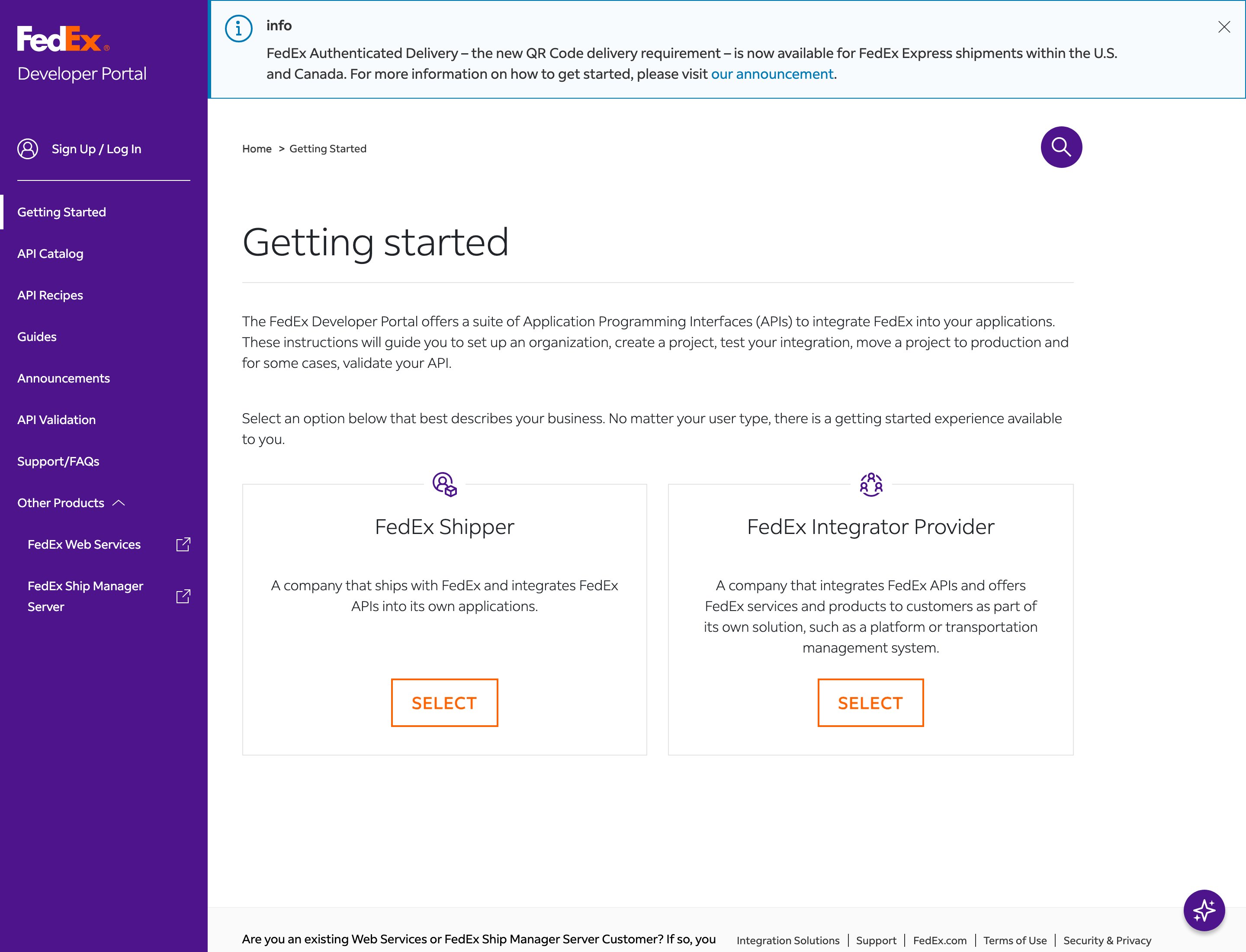 FedEx Developer Portal Getting started page with FedEx Shipper and FedEx Integrator Provider options