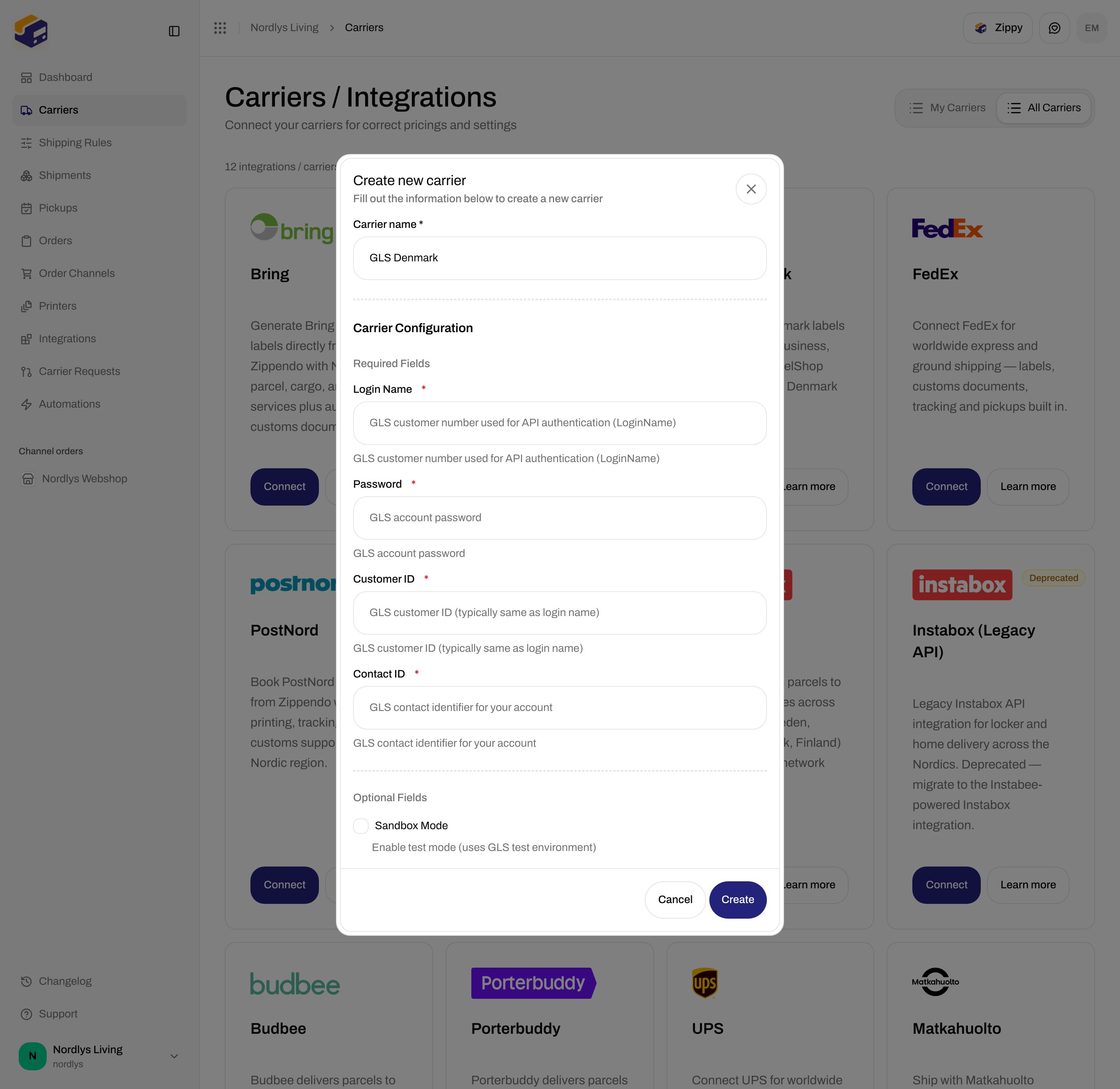 Create new carrier dialog for GLS Denmark with required Login Name, Password, Customer ID, and Contact ID