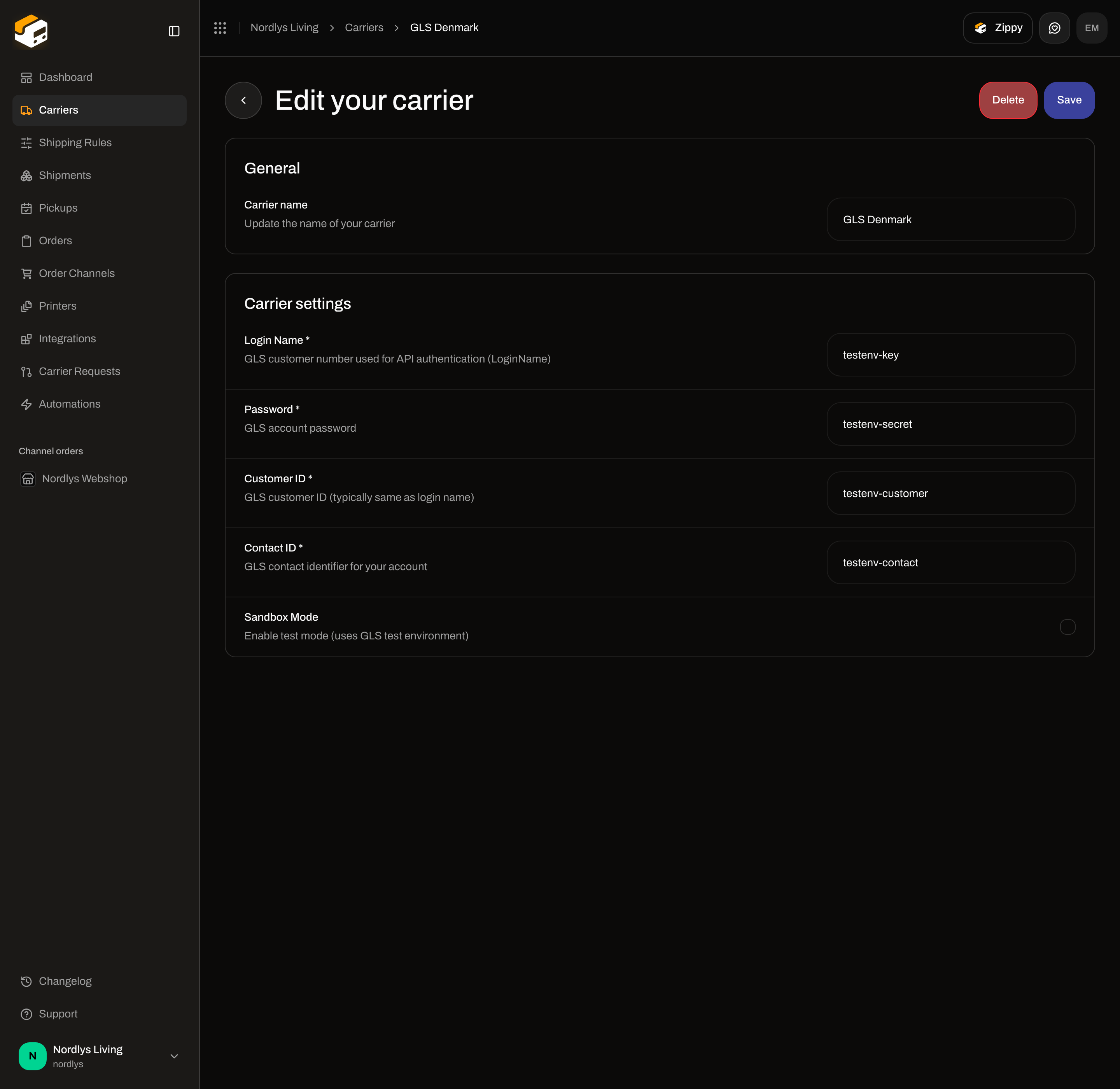 Edit your carrier for GLS Denmark with Login Name, Password, Customer ID, Contact ID, and Sandbox Mode