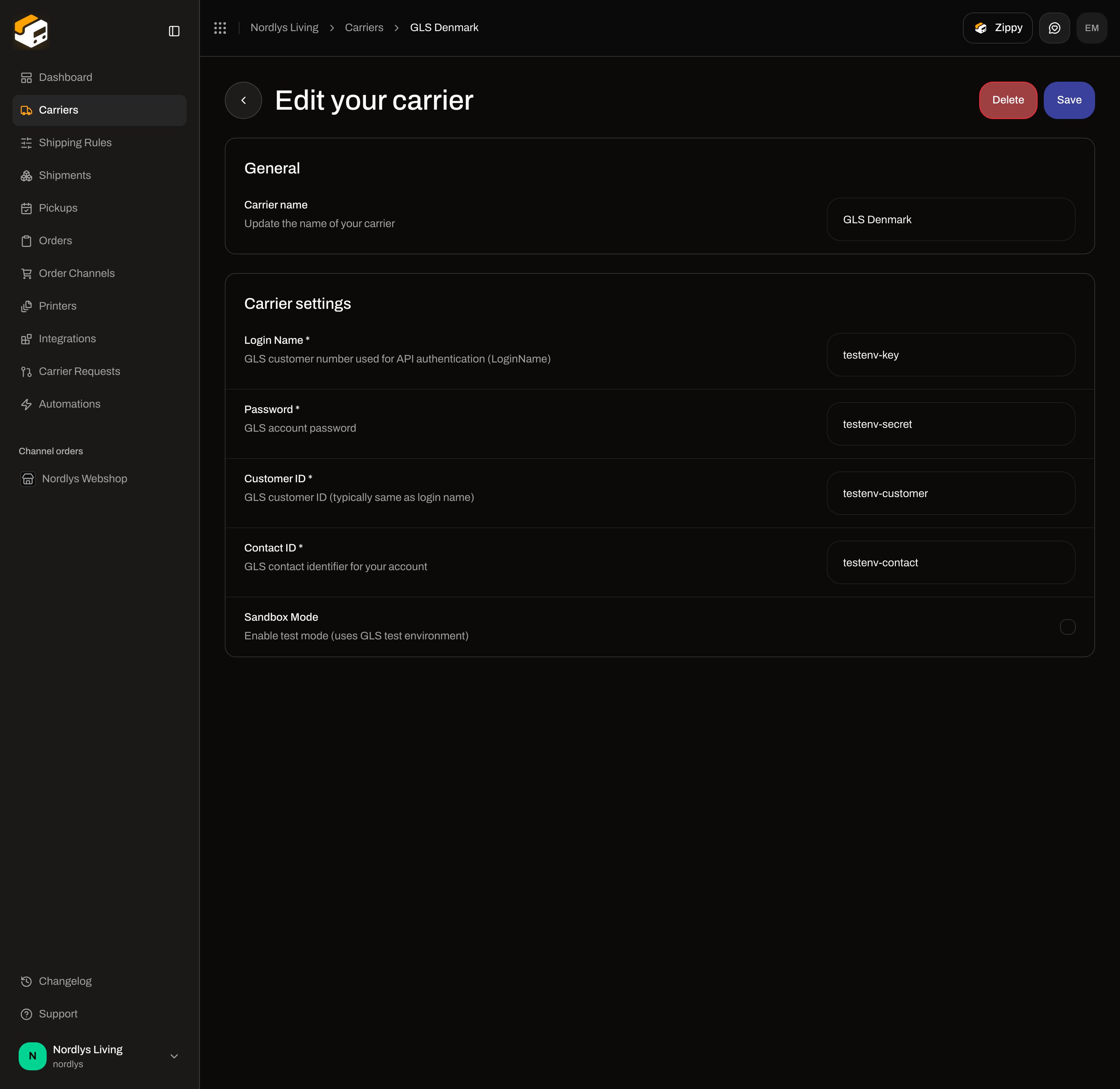 Edit your carrier for GLS Denmark with Login Name, Password, Customer ID, Contact ID, and Sandbox Mode