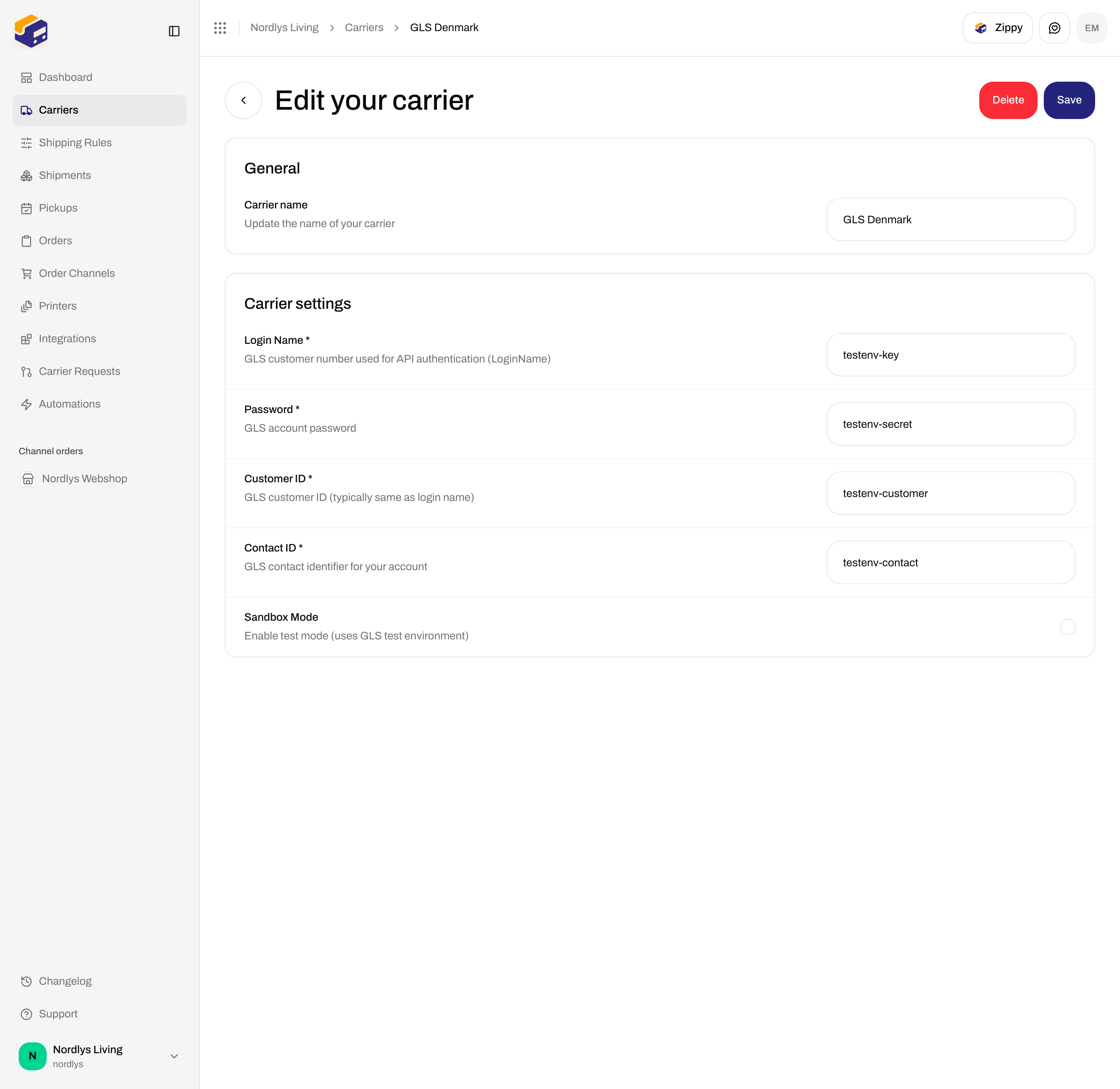 Edit your carrier for GLS Denmark with Login Name, Password, Customer ID, Contact ID, and Sandbox Mode