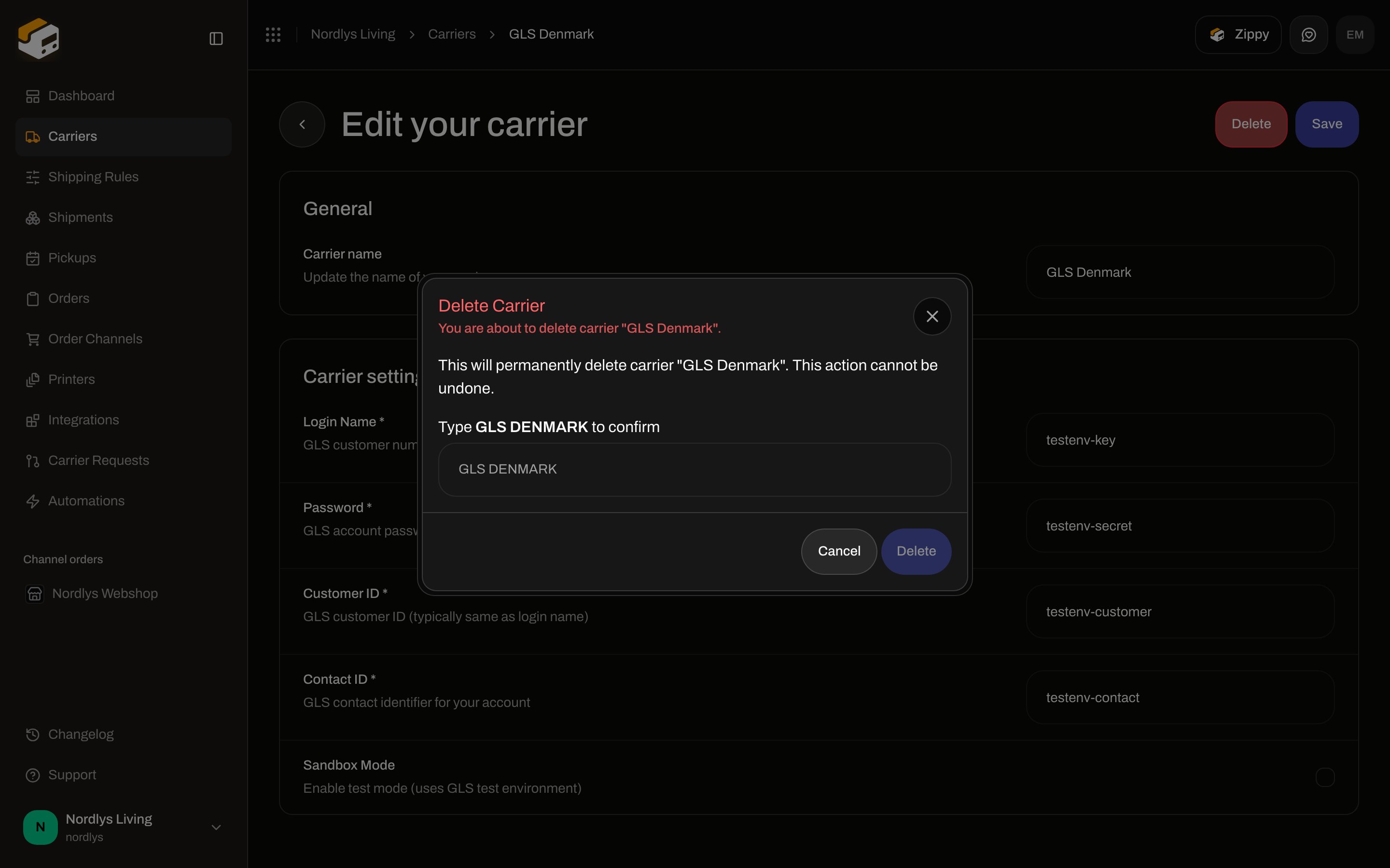 Delete Carrier dialog asking to type the GLS Denmark name in uppercase