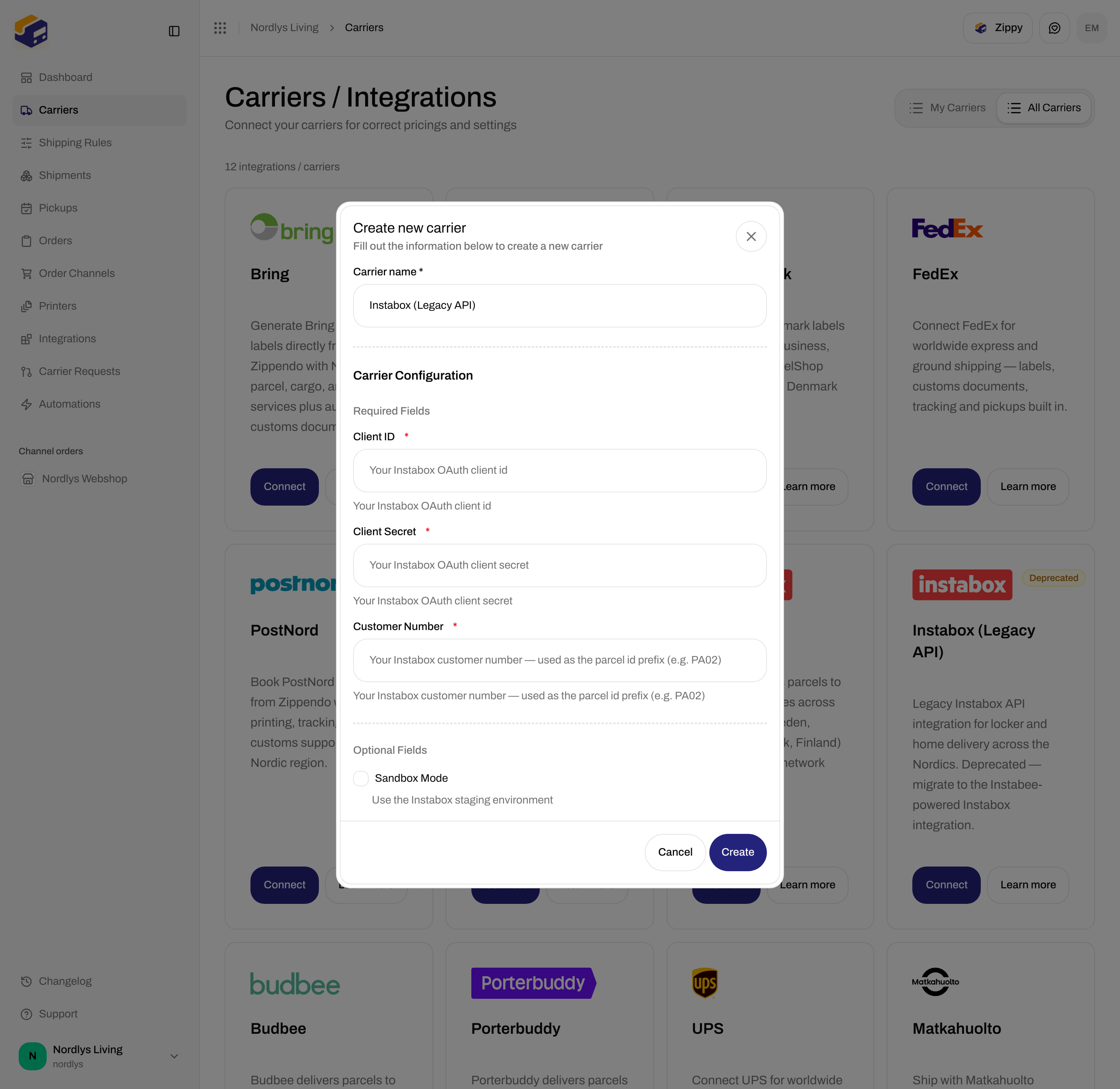 Create new carrier dialog for Instabox Legacy API with Client ID, Client Secret, and Customer Number