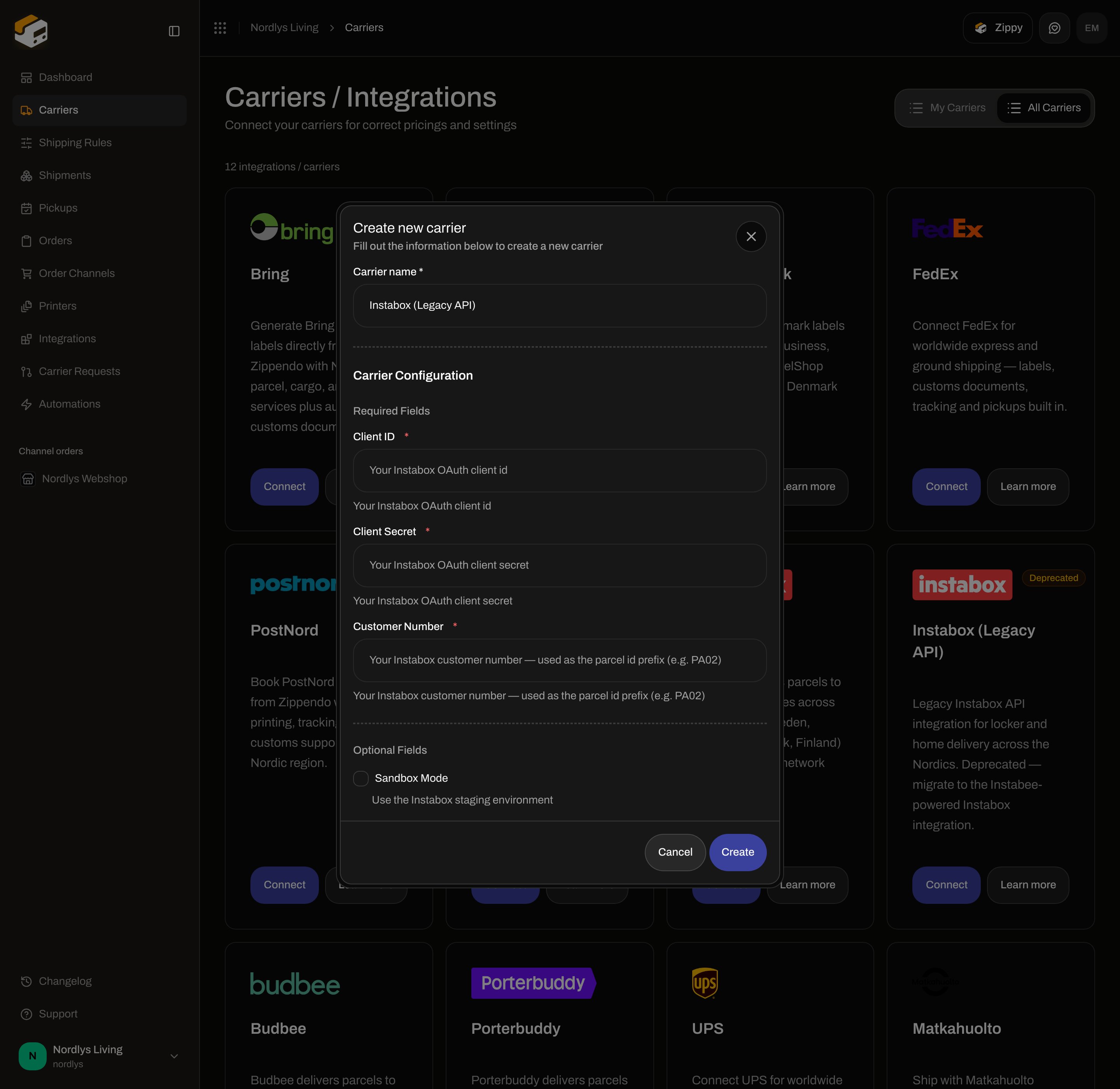 Instabox Legacy API connect form scrolled to Optional Fields and Sandbox Mode