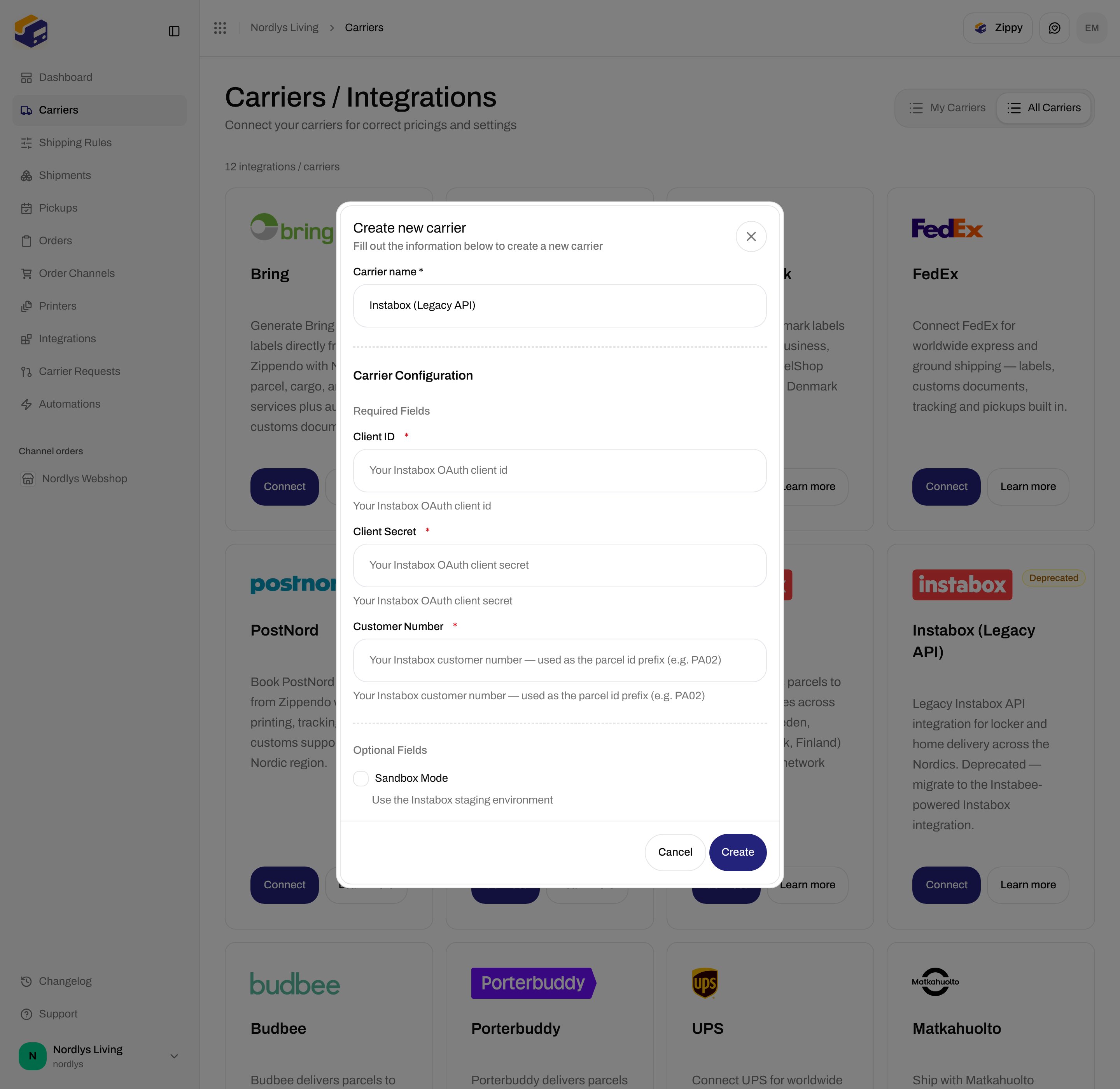 Instabox Legacy API connect form scrolled to Optional Fields and Sandbox Mode