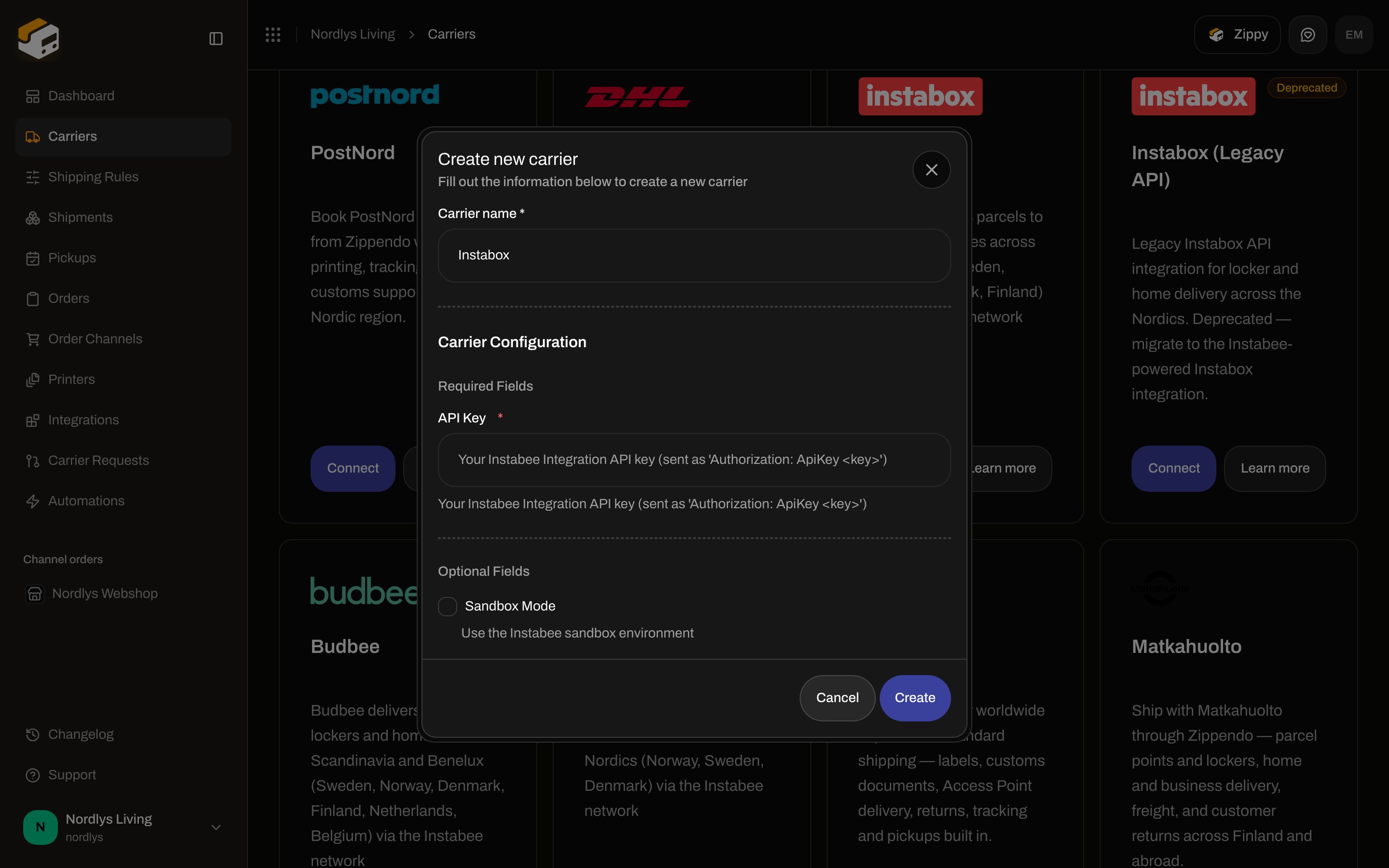 Create new carrier dialog for Instabox with required API Key and optional Sandbox Mode