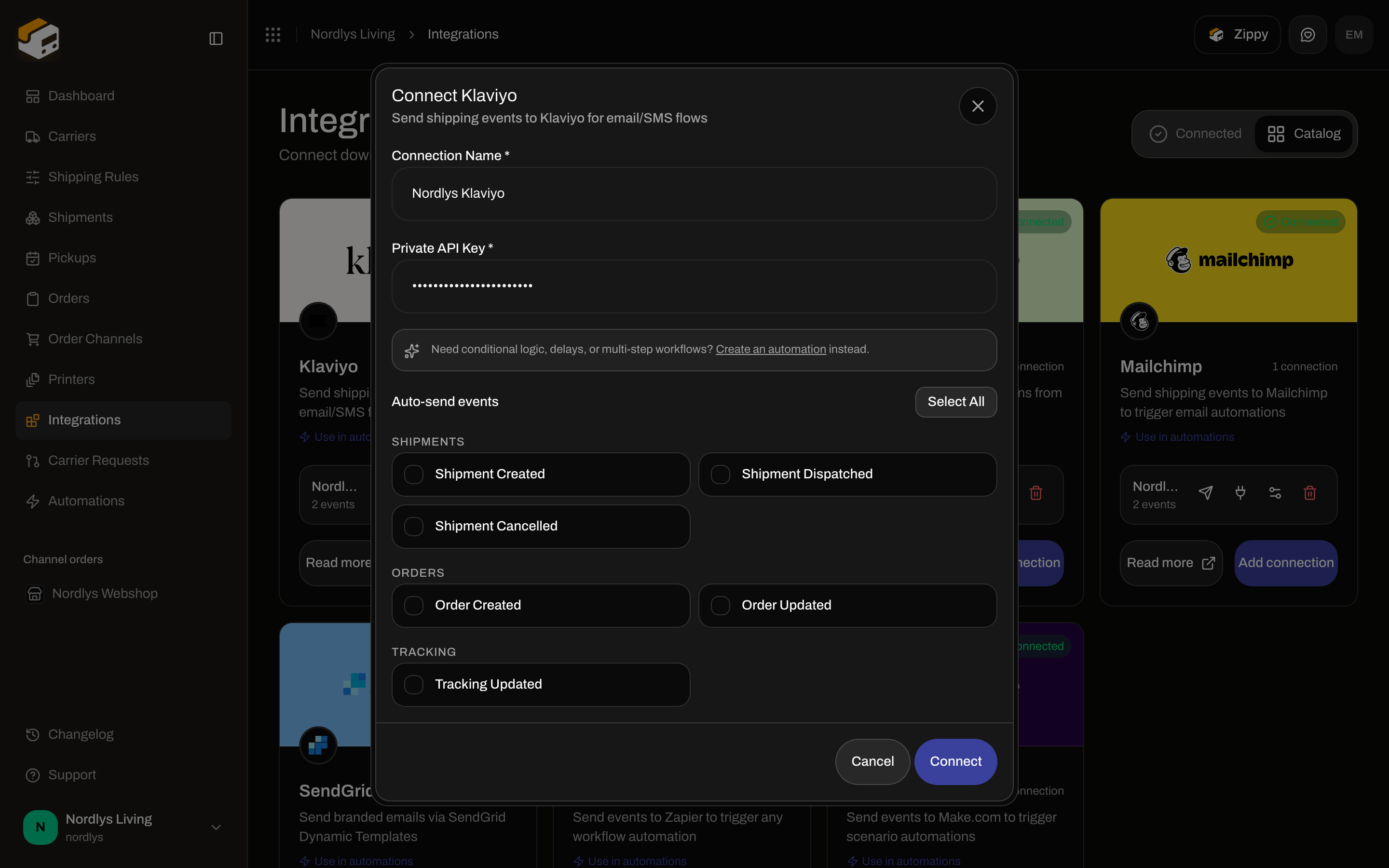 Connect Klaviyo dialog with Connection Name, Private API Key, automation hint, and event checkboxes