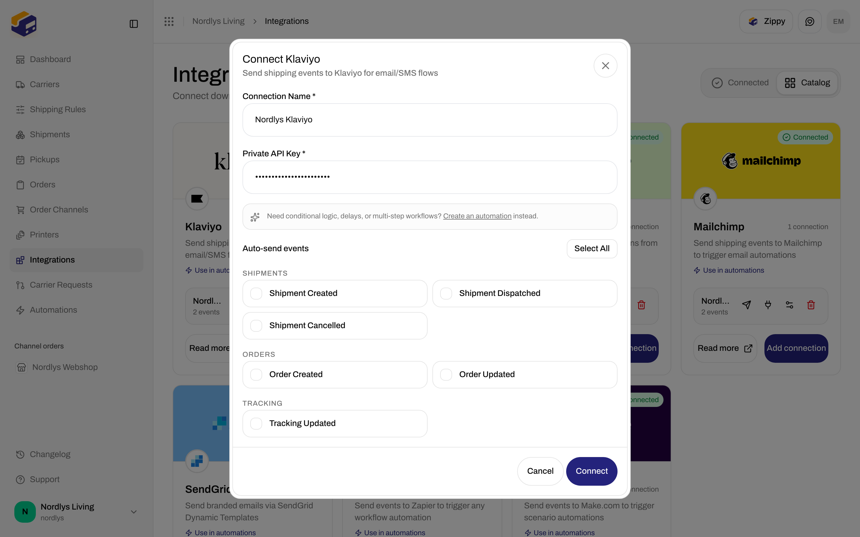 Connect Klaviyo dialog with Connection Name, Private API Key, automation hint, and event checkboxes