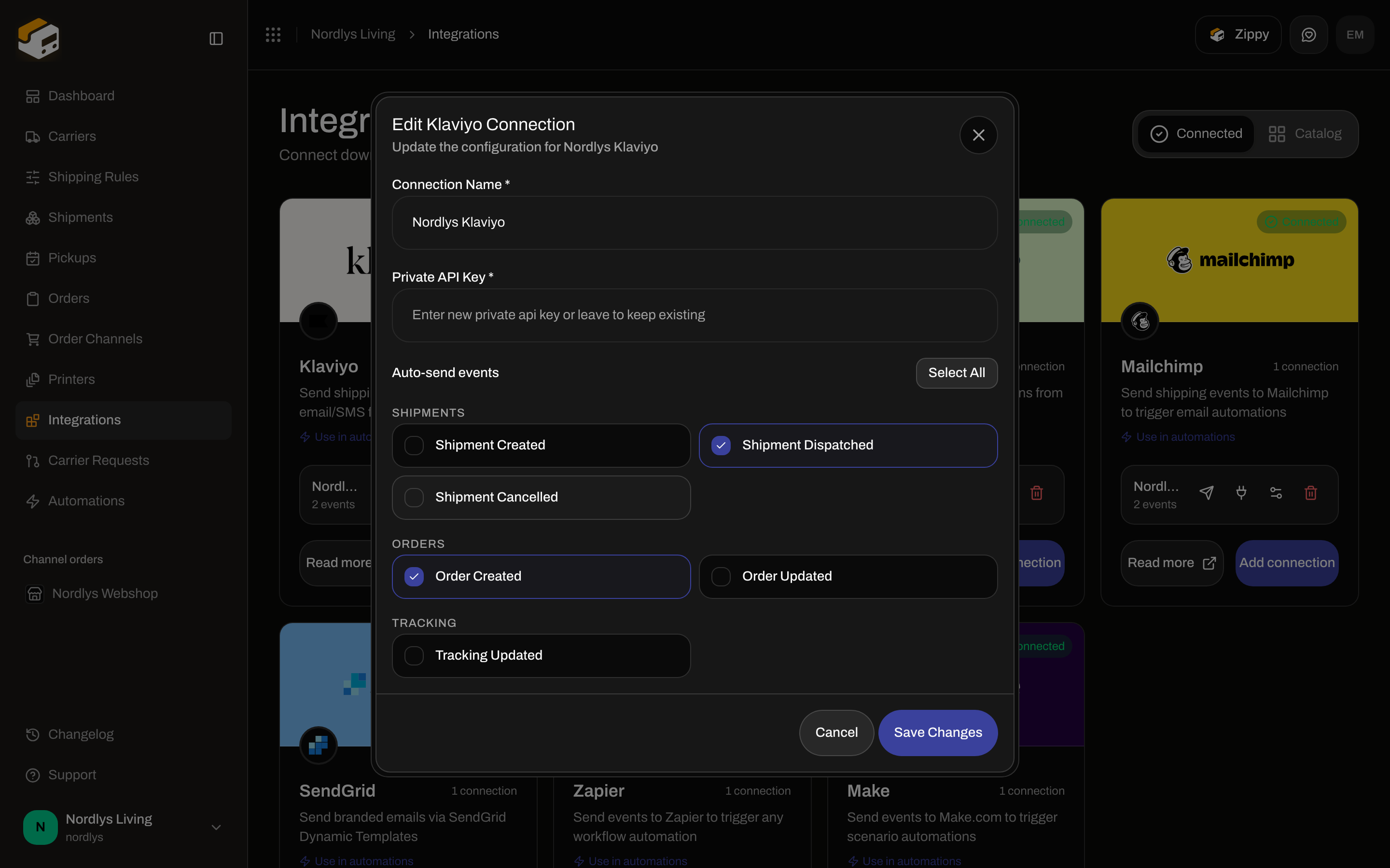 Edit Klaviyo Connection dialog with Connection Name, Private API Key, and Auto-send events