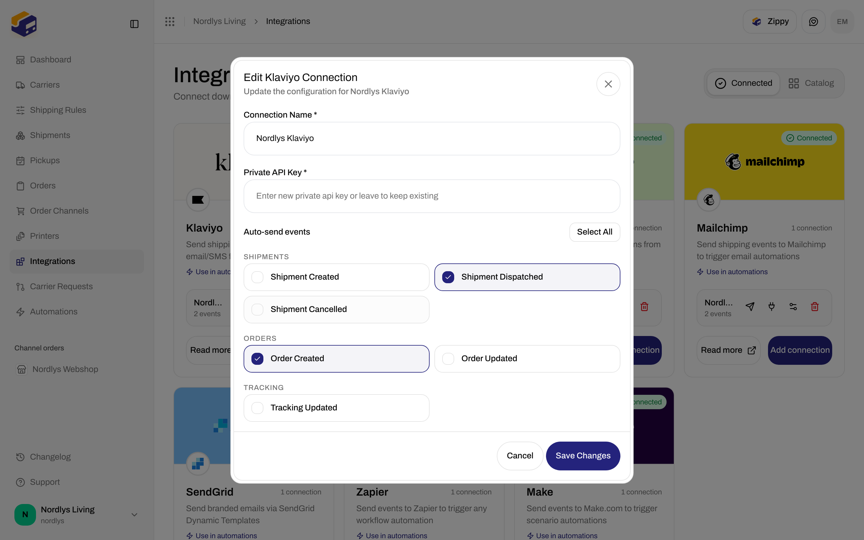 Edit Klaviyo Connection dialog with Connection Name, Private API Key, and Auto-send events