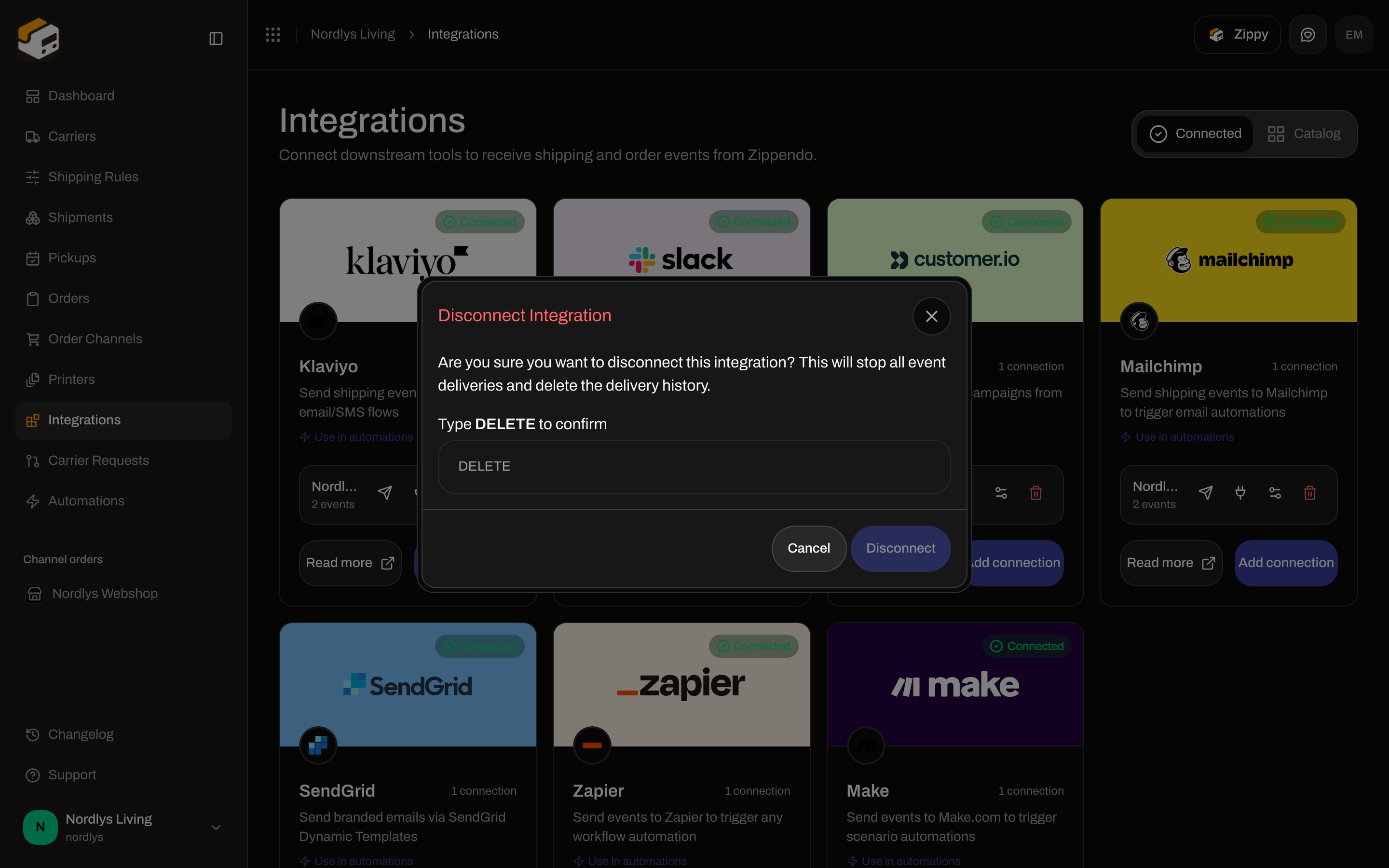 Disconnect Integration confirmation requiring DELETE