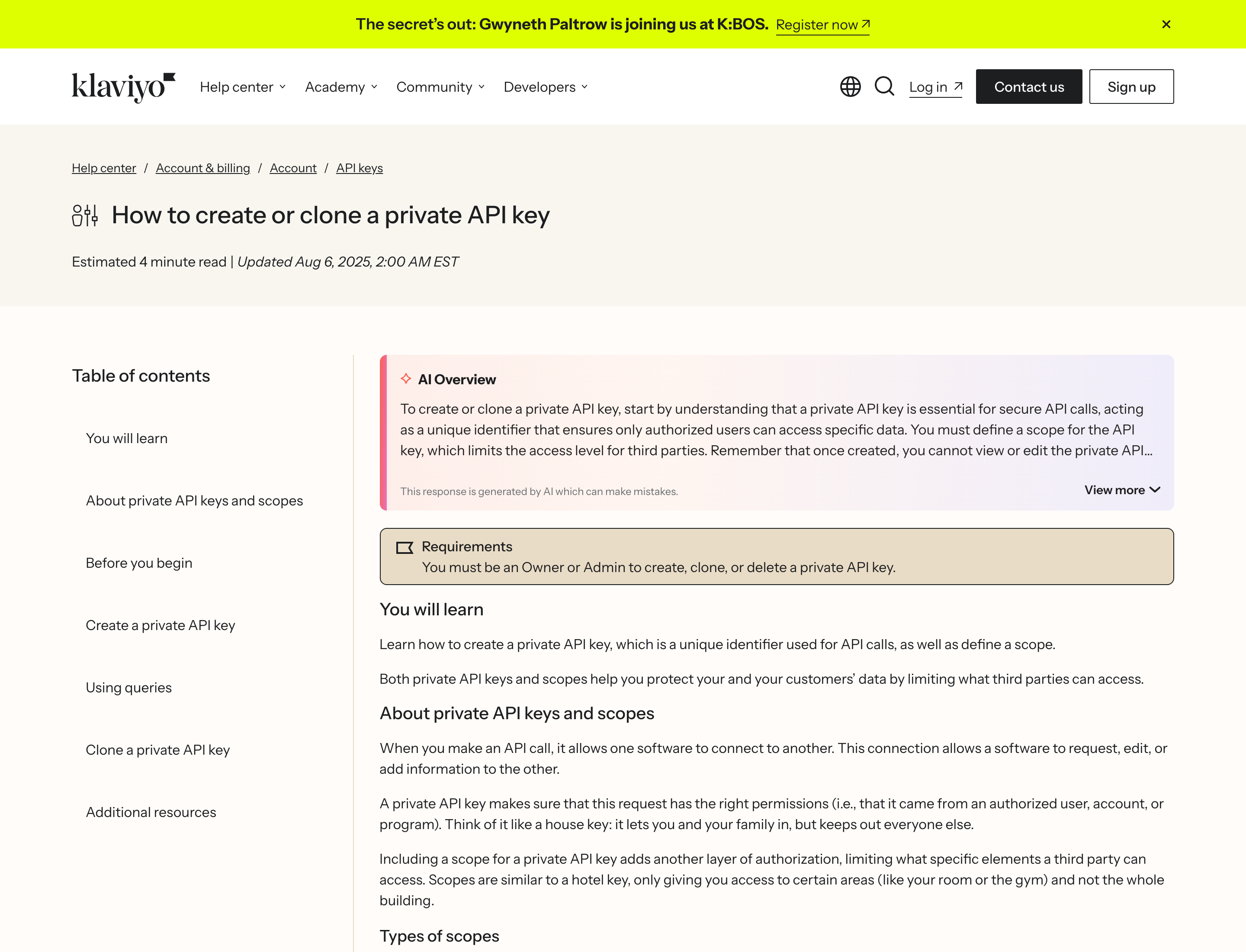Klaviyo help article How to create or clone a private API key, with Owner or Admin requirements