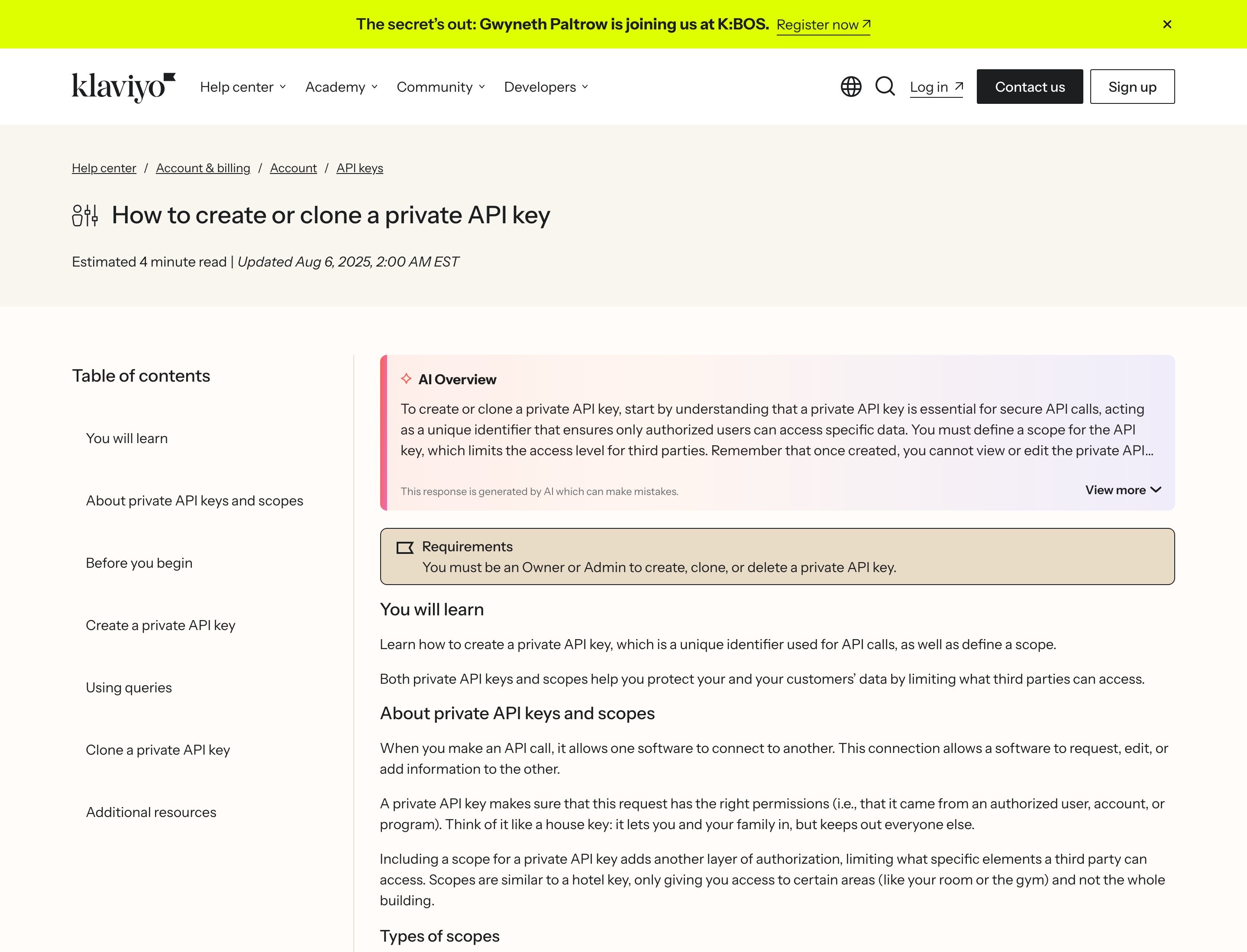 Klaviyo help article How to create or clone a private API key, with Owner or Admin requirements