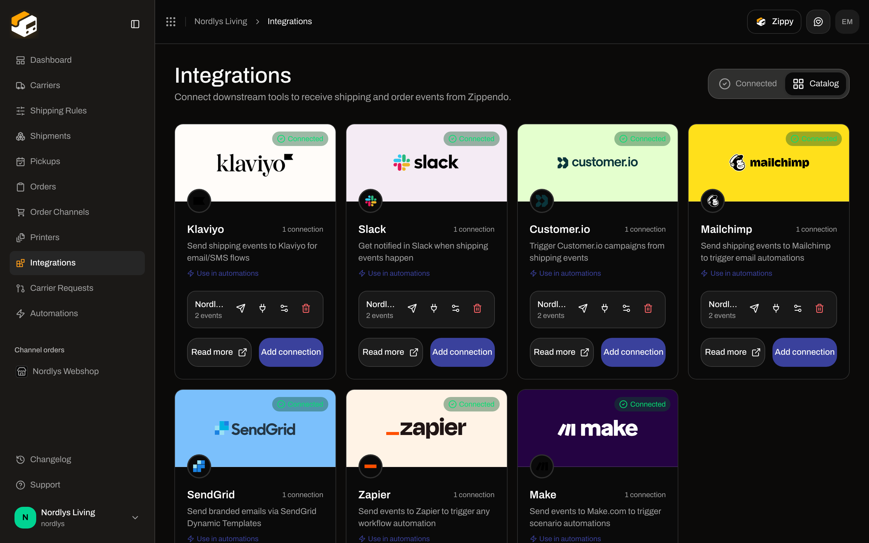 Integrations Catalog with the Mailchimp card, Use in automations, Read more, and Connect