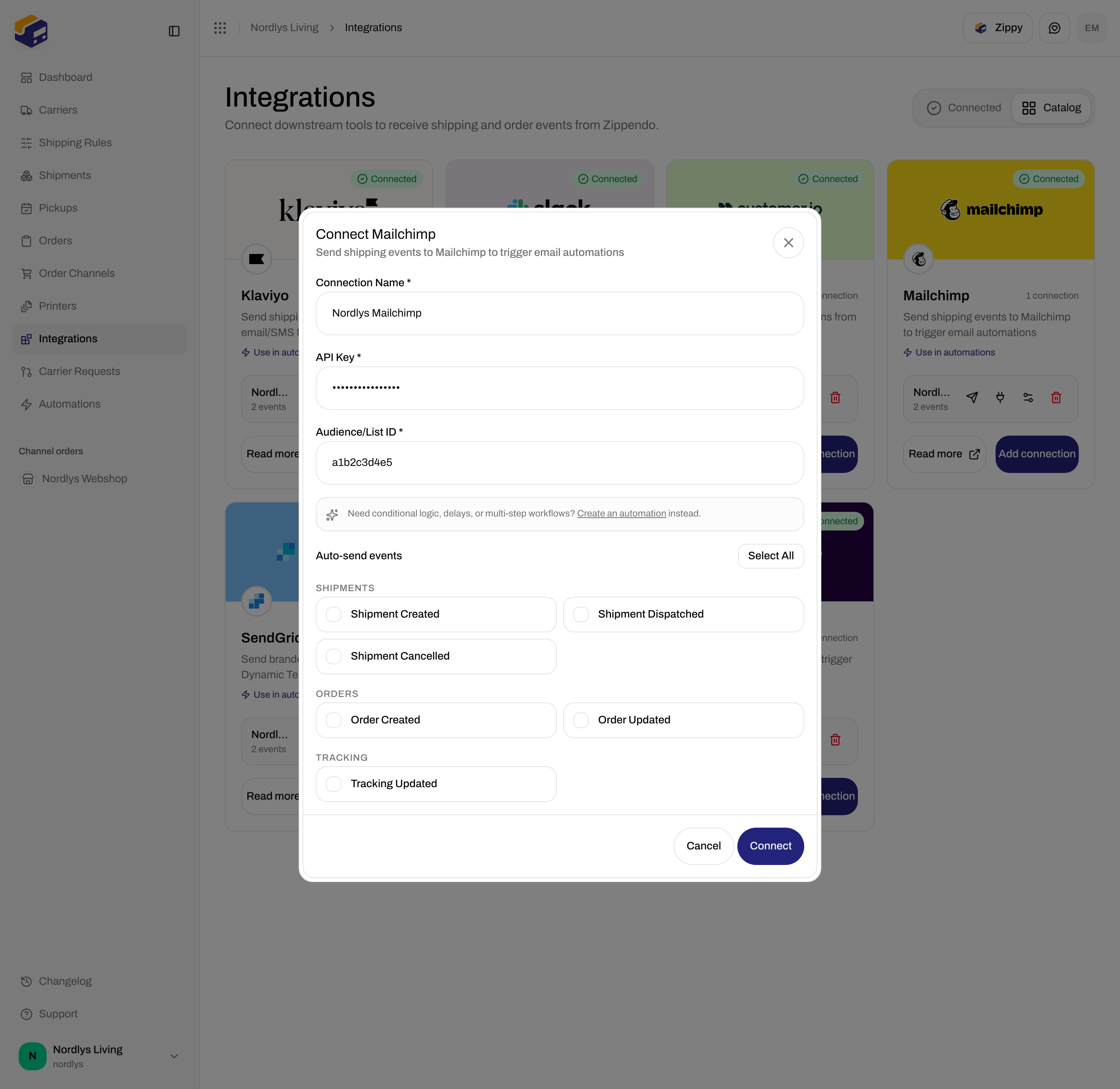 Connect Mailchimp dialog with Connection Name, API Key, Audience/List ID, and event checkboxes