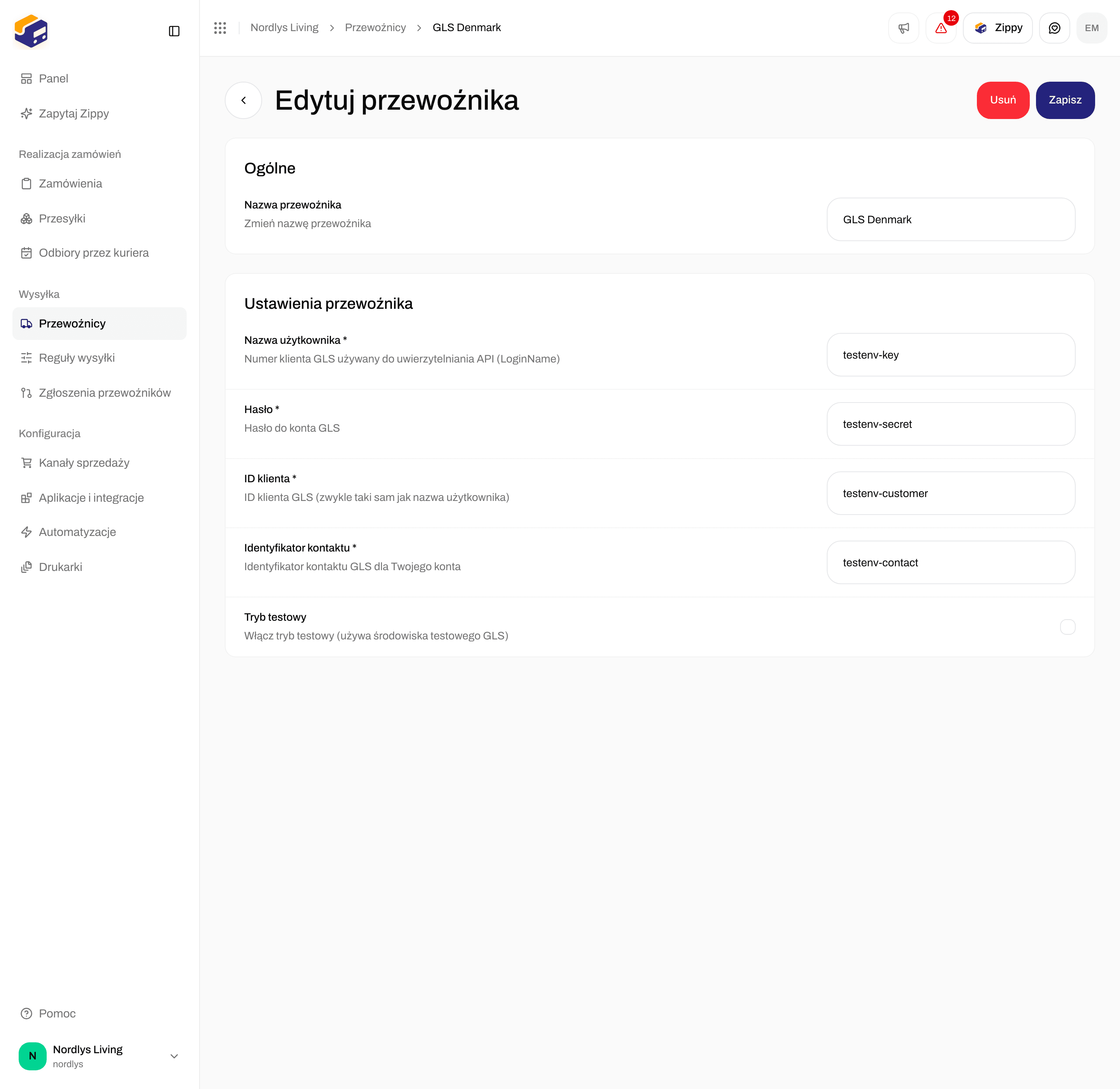 Edycja przewoźnika GLS Denmark z polami Nazwa użytkownika, Hasło, ID klienta, Identyfikator kontaktu i Tryb testowy