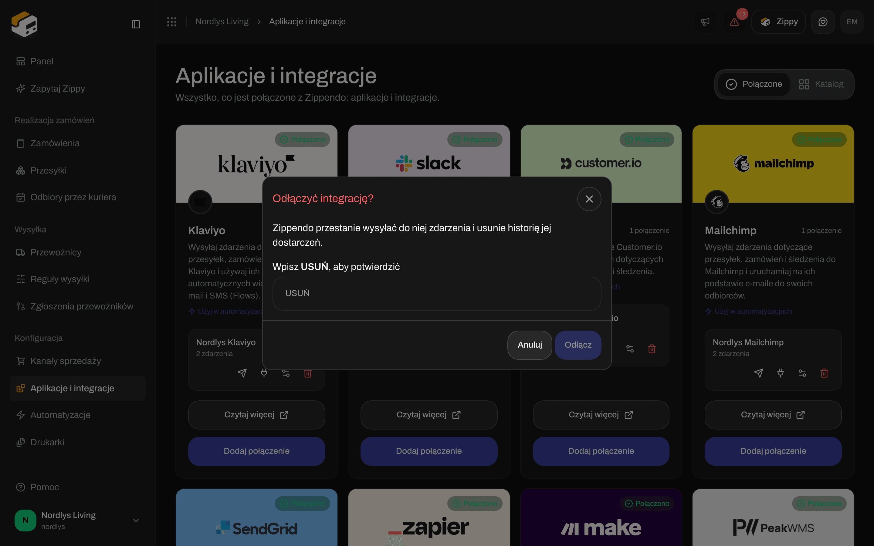 Okno odłączania integracji z prośbą o wpisanie DELETE