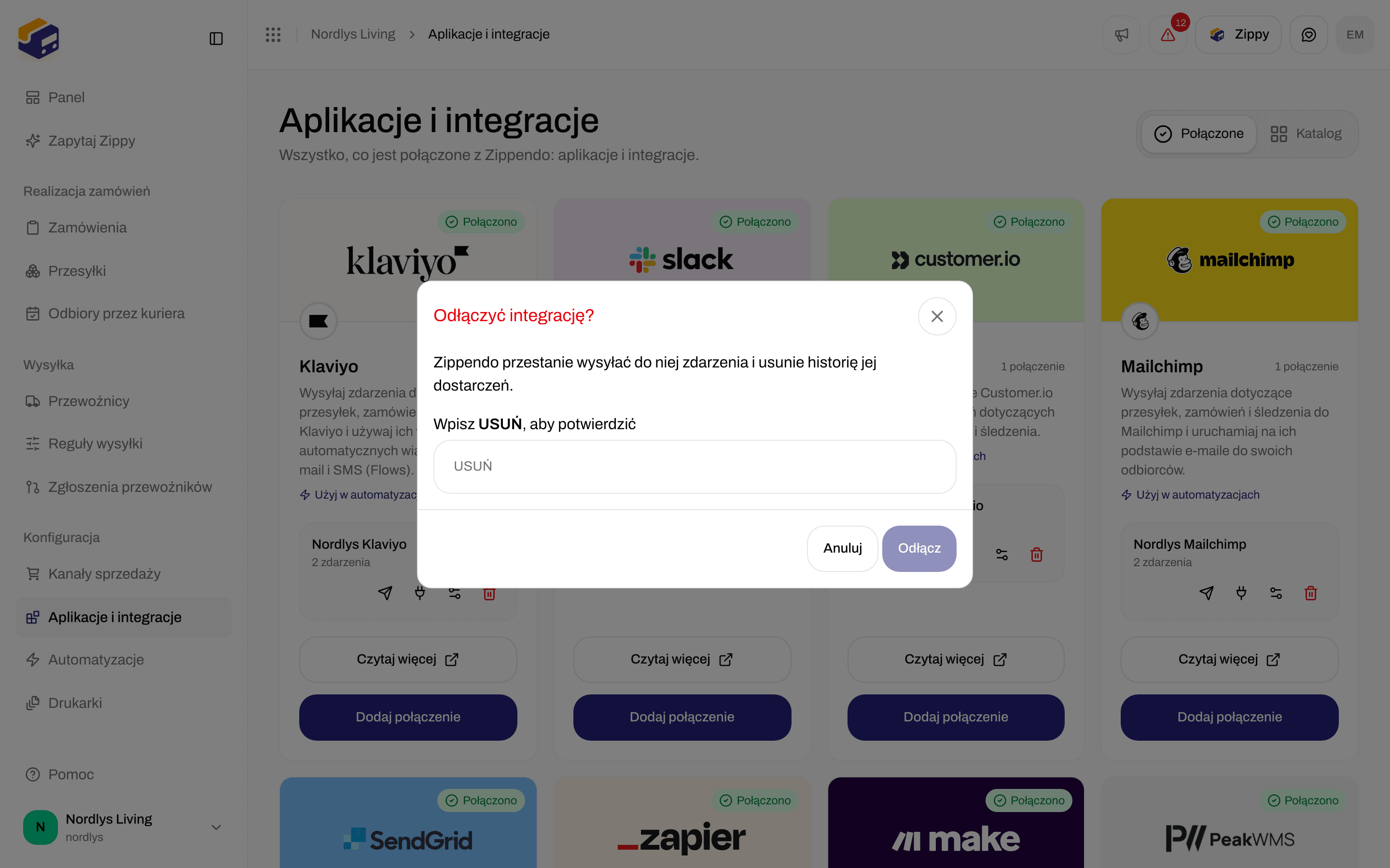 Okno odłączania integracji z prośbą o wpisanie DELETE