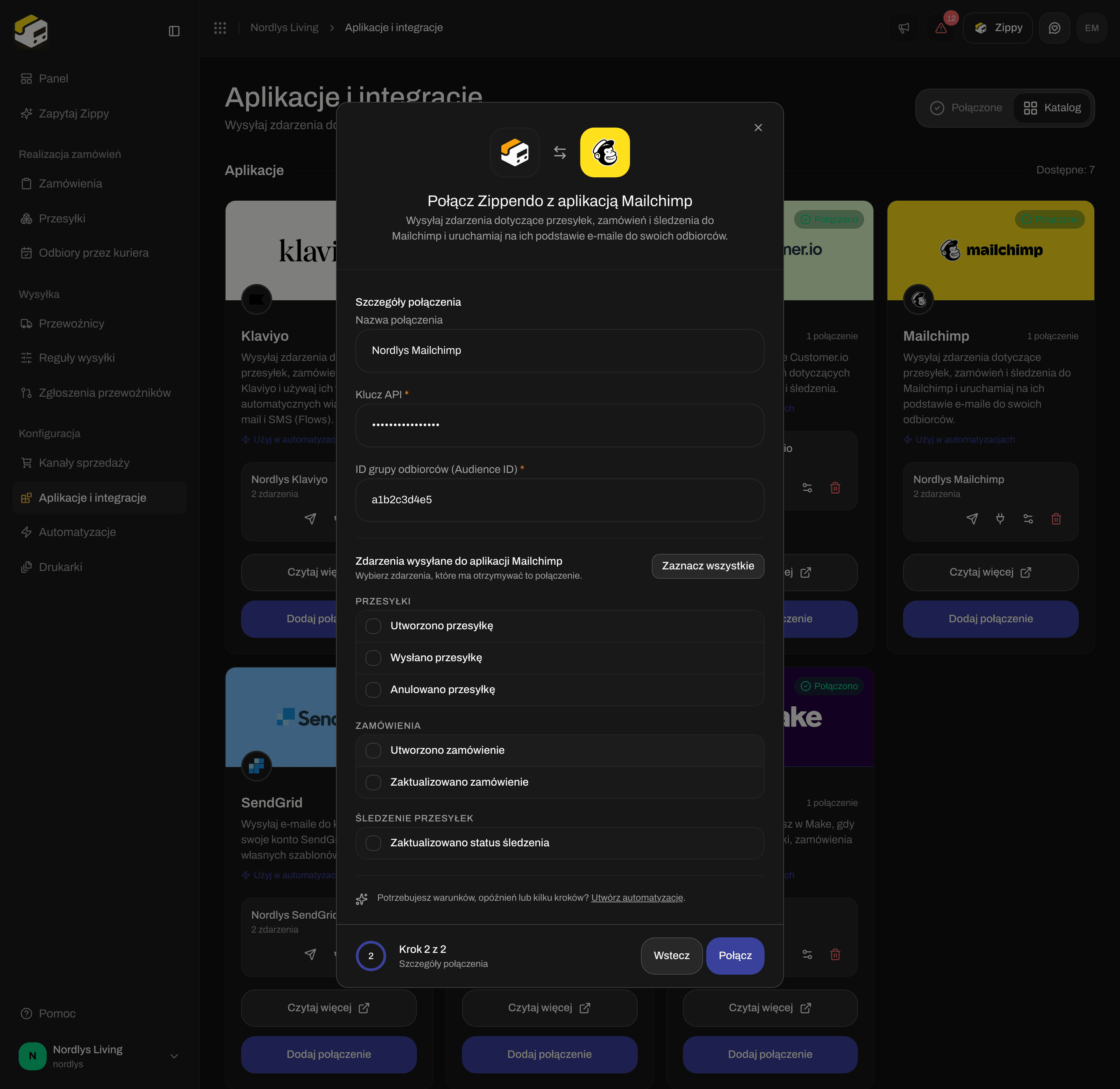 Okno połączenia dla Mailchimp z nazwą połączenia, kluczem API, Audience ID i polami wyboru zdarzeń