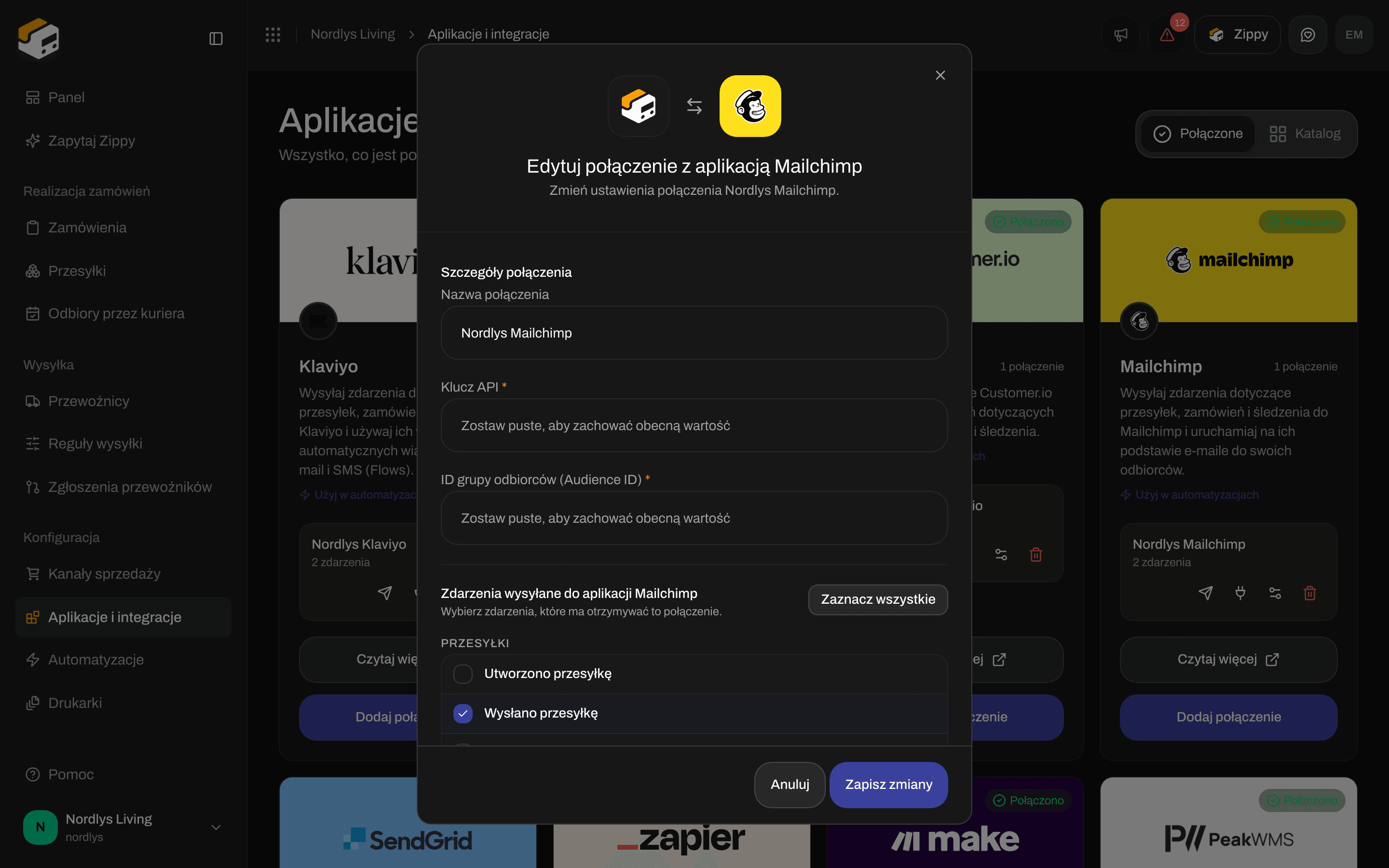 Okno edycji połączenia Mailchimp z nazwą połączenia, pustymi polami Klucz API i Audience ID oraz zdarzeniami